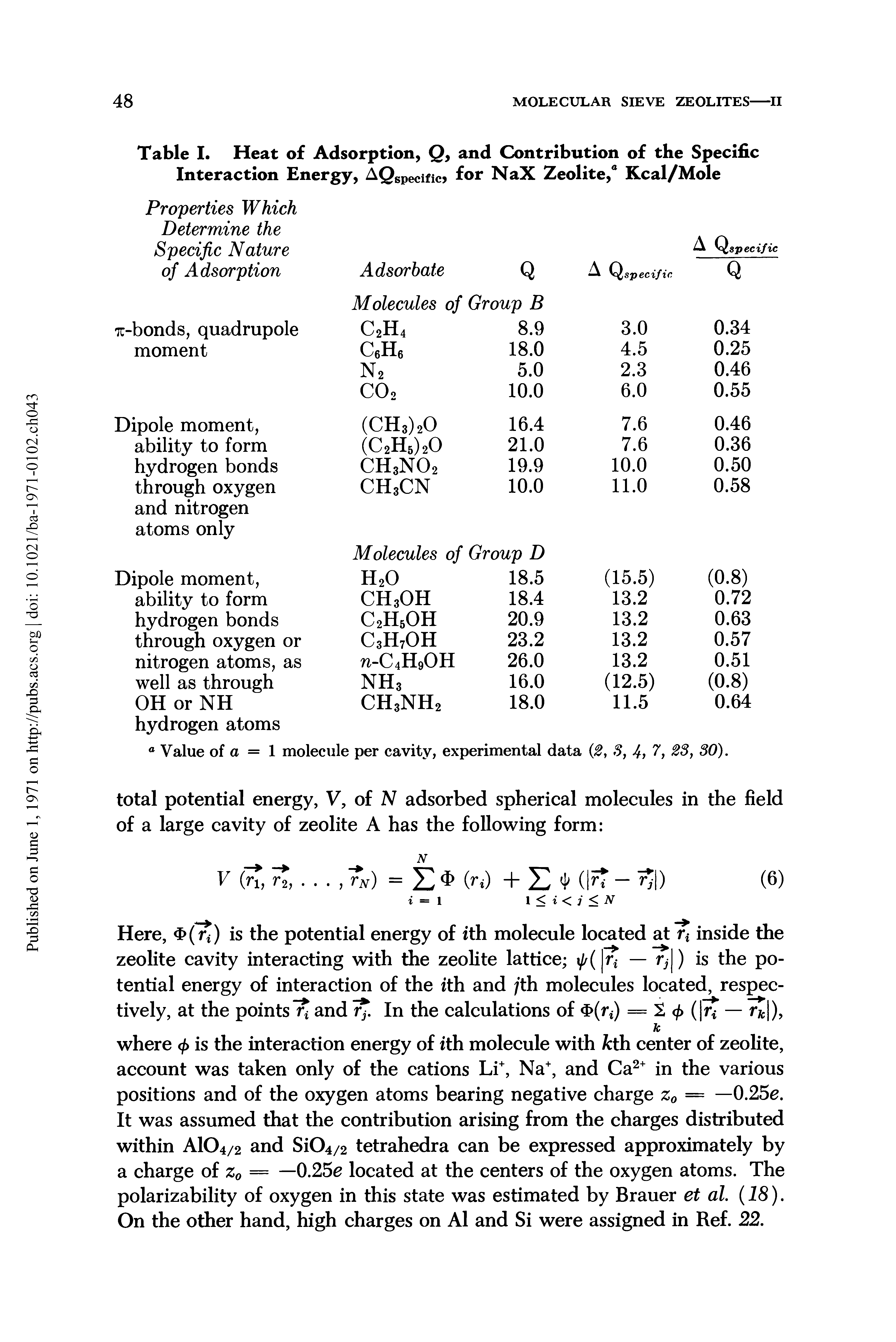 Table I. Heat of Adsorption, Q, and Contribution of the Specific Interaction Energy, AQgpecific for NaX Zeolite, Kcal/Mole...
