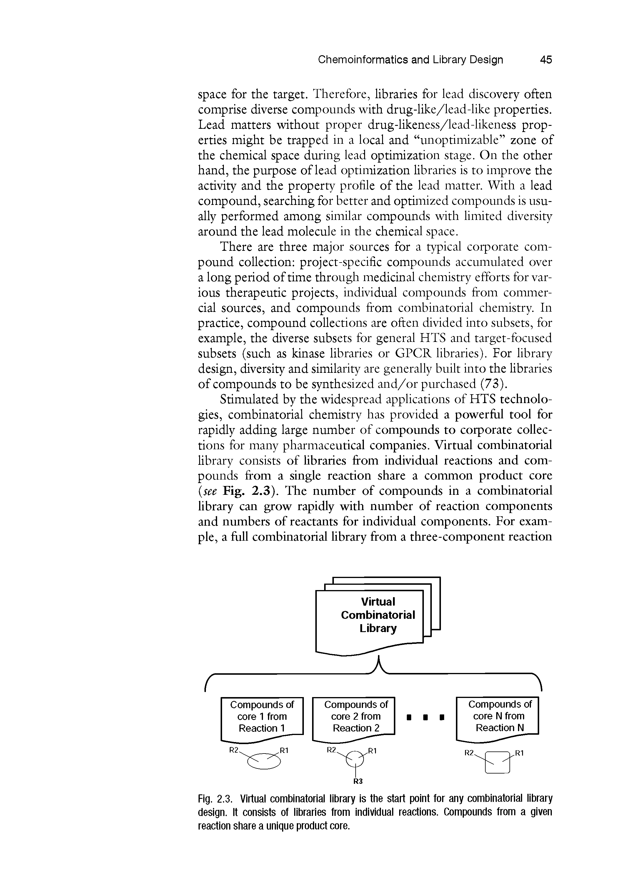 Fig. 2.3. Virtual combinatorial library is the start point for any combinatorial library design. It consists of libraries from individual reactions. Compounds from a given reaction share a unique product core.