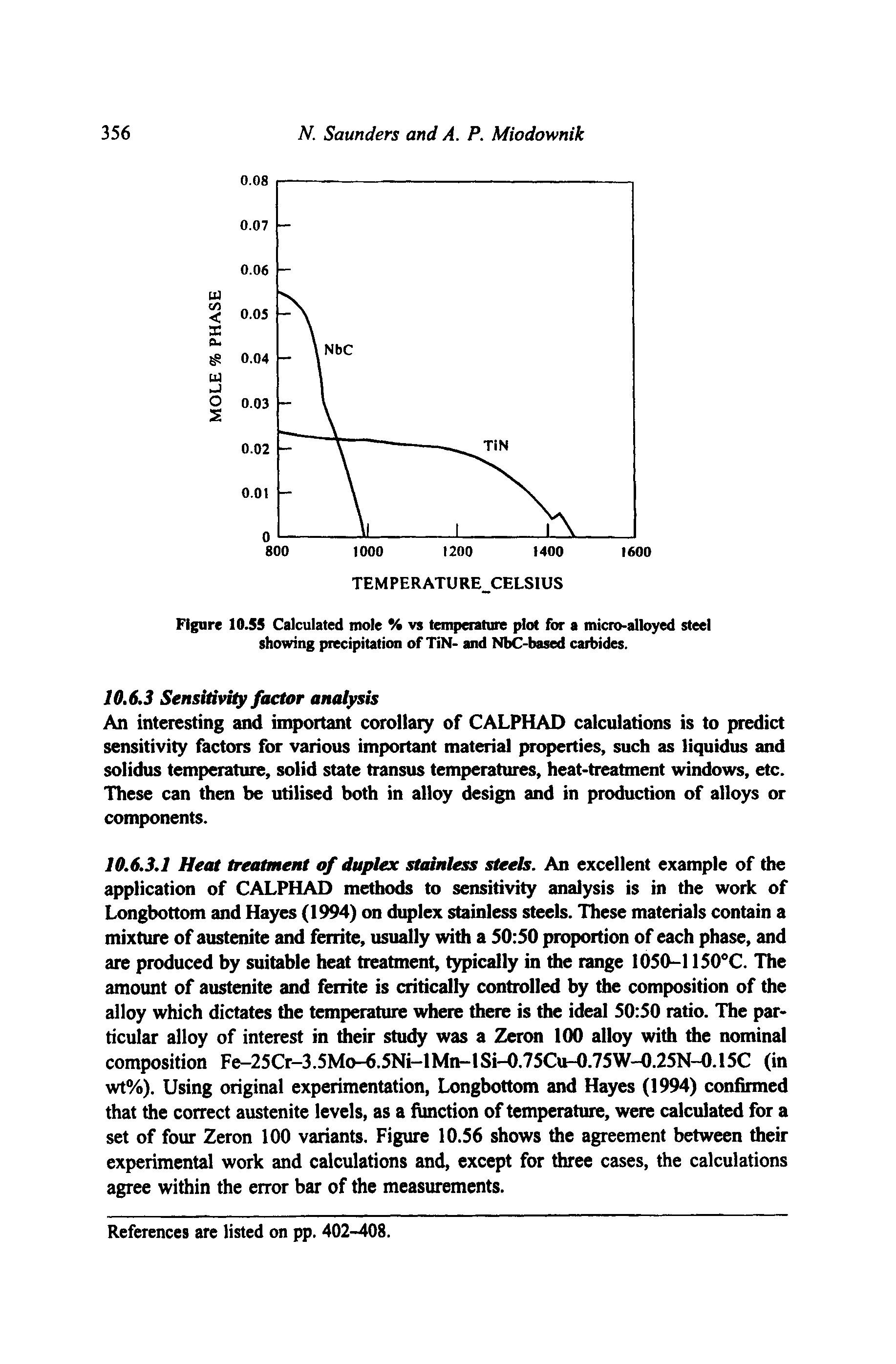Figure 10.55 Calculated mole % vs temperature plot for a micro-alloyed steel showing precipitation of TiN- and NbC-based carbides.