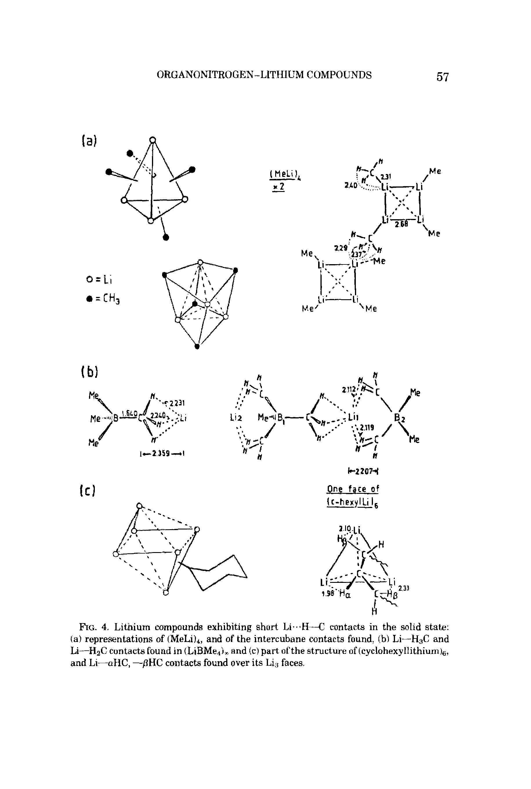 Fig. 4, Lithium compounds exhibiting short Li-H—C contacts in the solid state (a) representations of (MeLiL, and of the intercubane contacts found, (b) Li—H3C and Li—HjC contacts found in (LiBMe,i, and (c) part of the structure of (cyclohexyllithium)6, and Li—oHC, —ffHC contacts found over its li3 faces.
