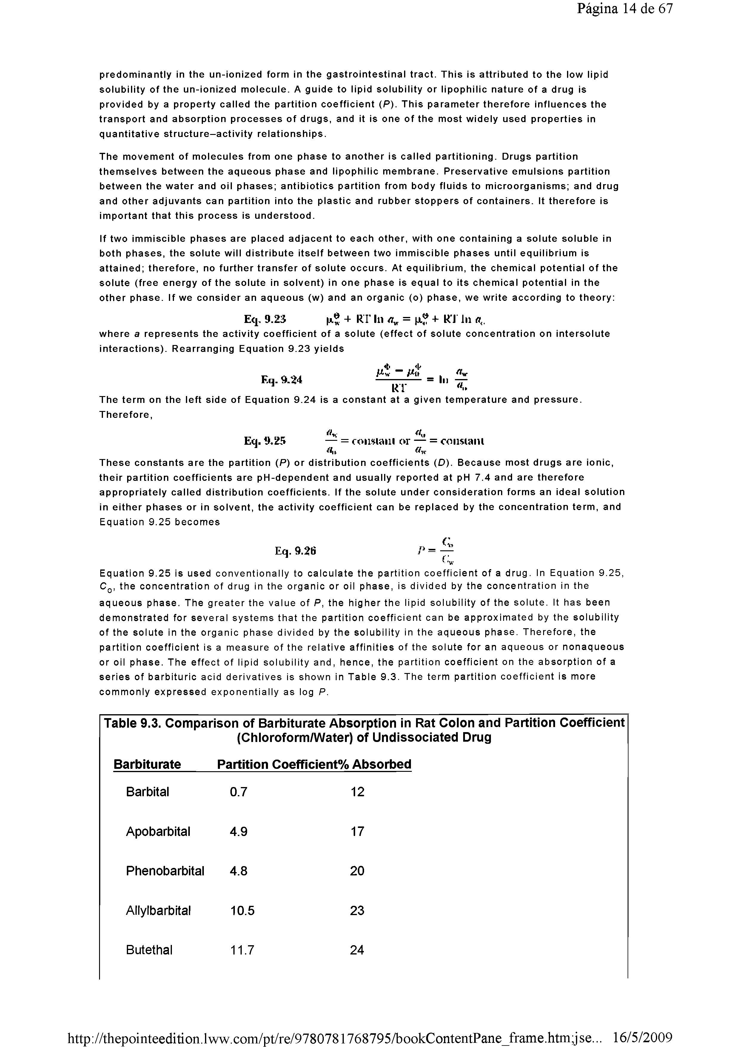 Table 9.3. Comparison of Barbiturate Absorption in Rat Colon and Partition Coefficient (Chloroform/Water) of Undissociated Drug...