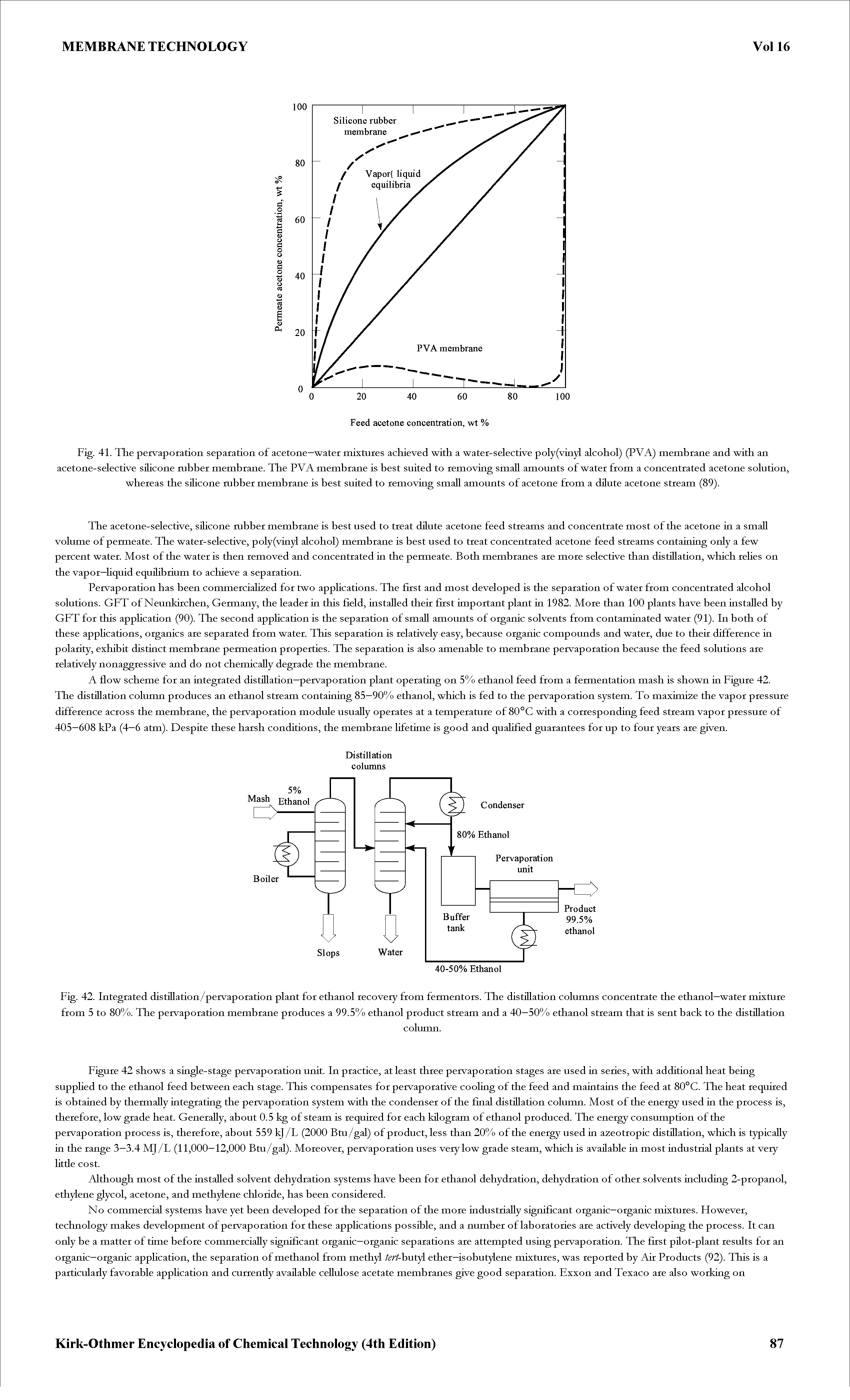 Fig. 41. The pervaporation separation of acetone—water mixtures achieved with a water-selective poly(vinyl alcohol) (PVA) membrane and with an acetone-selective siUcone mbber membrane. The PVA membrane is best suited to removing small amounts of water from a concentrated acetone solution, whereas the siUcone mbber membrane is best suited to removing small amounts of acetone from a dilute acetone stream (89).