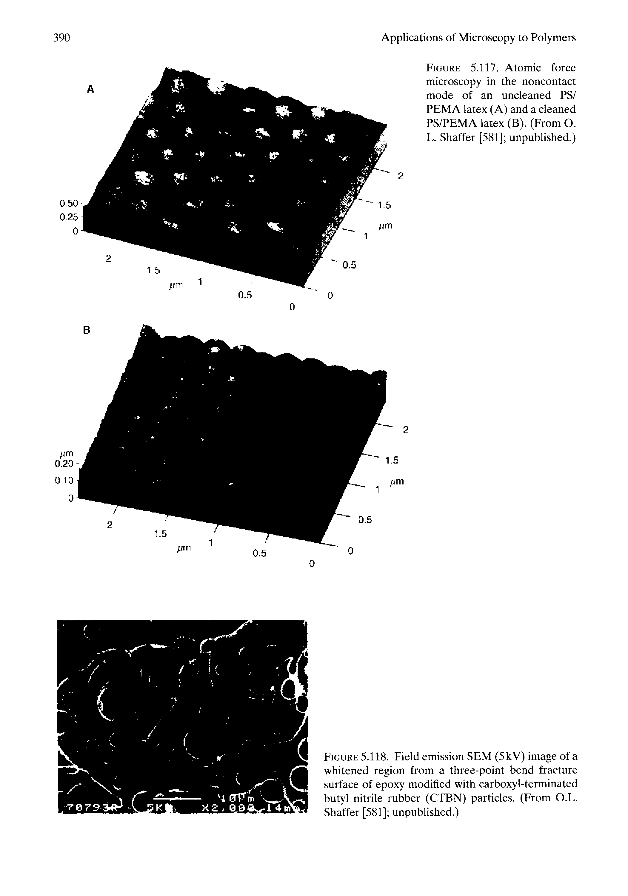 Figure 5.117. Atomic force microscopy in the noncontact mode of an uncleaned PS/ PEMA latex (A) and a cleaned PS/PEMA latex (B). (From O. L. Shaffer [581] unpublished.)...