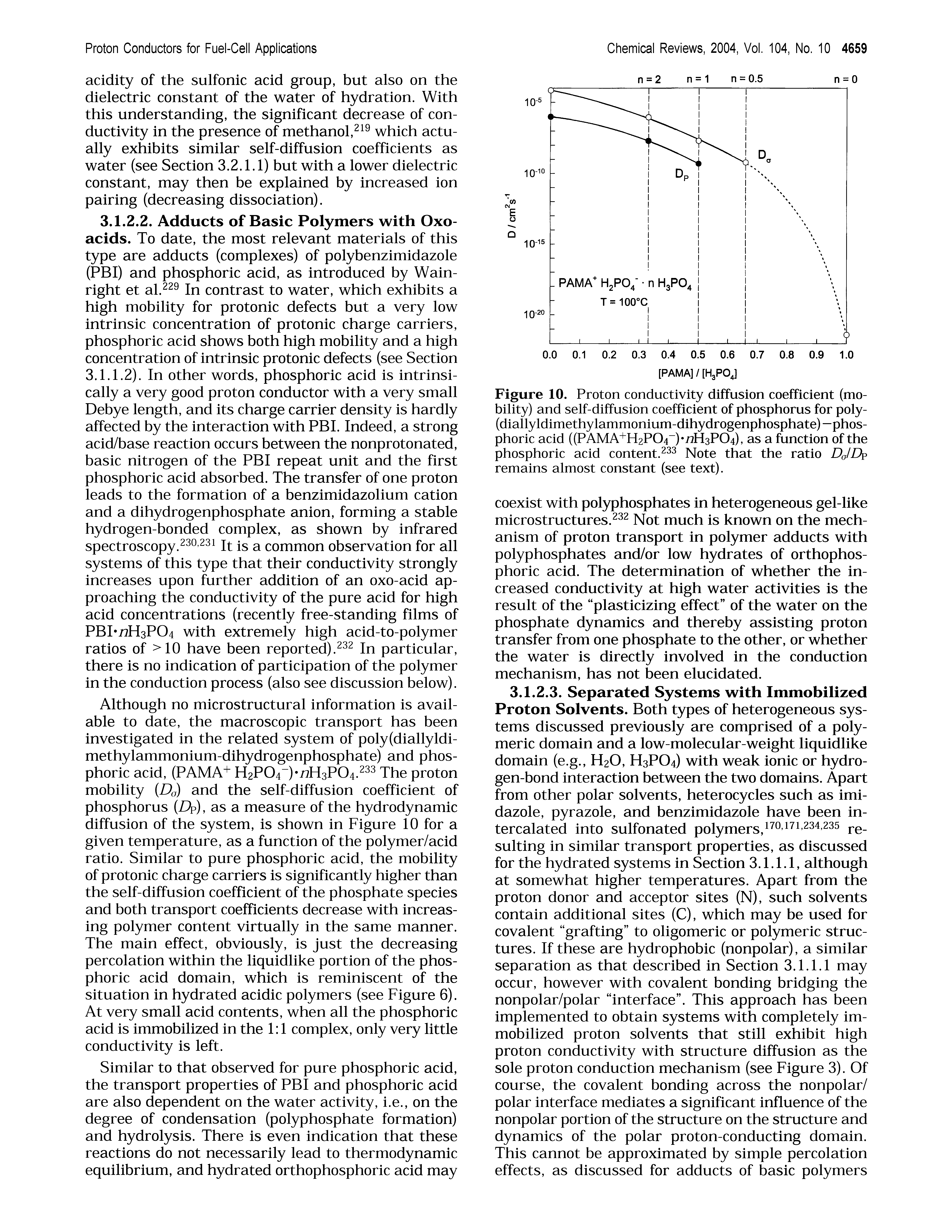 Figure 10. Proton conductivity diffusion coefficient (mobility) and self-diffusion coefficient of phosphorus for poly-(diallyldimethylammonium-dihydrogenphosphate)—phosphoric acid ((PAMA+H2P04 ) nH3P04), as a function of the phosphoric acid content. Note that the ratio DJDp remains almost constant (see text).