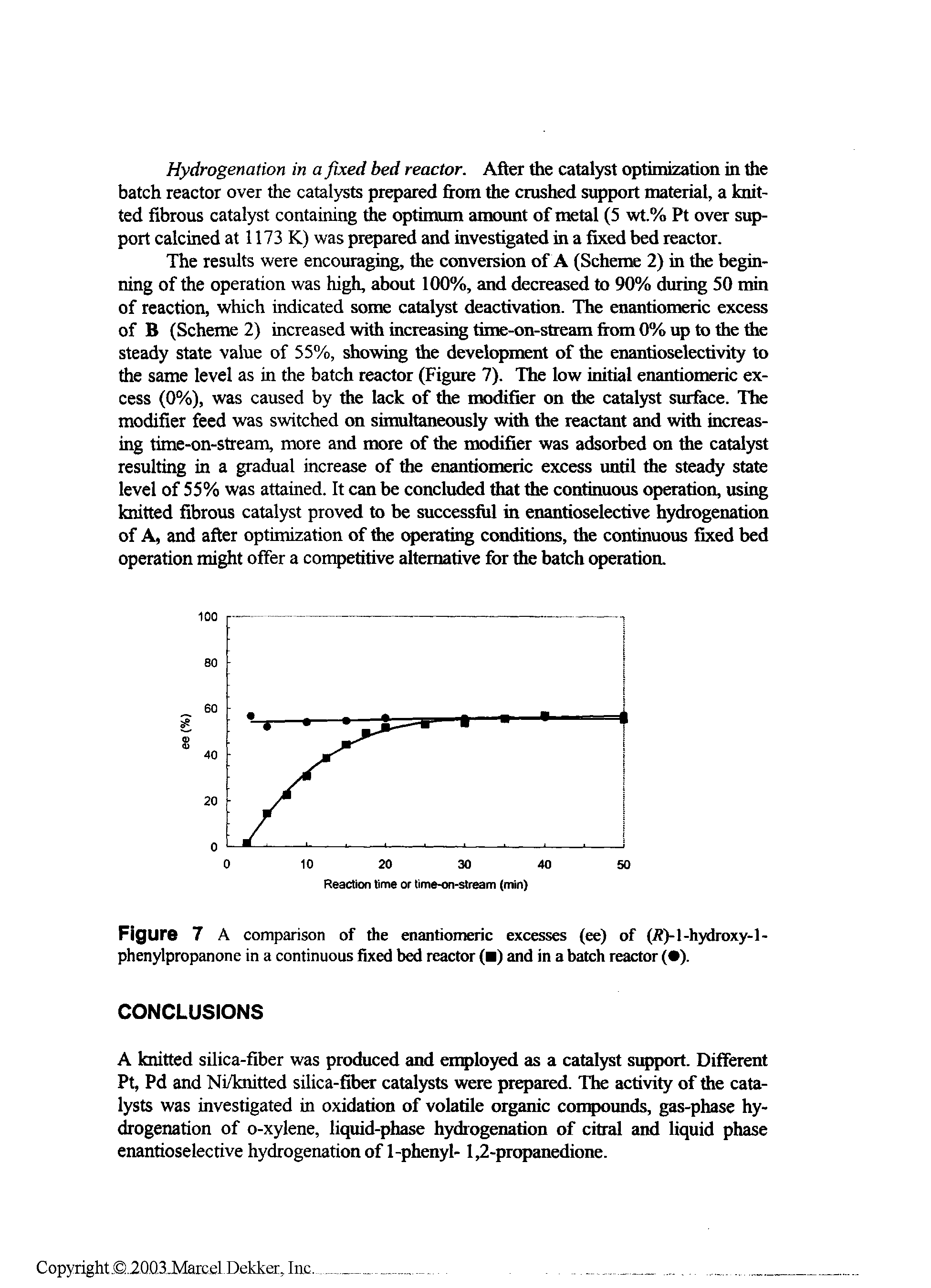 Figure 7 A comparison of the enantiomeric excesses (ee) of (it)-l-hydroxy-l-phenylpropanone in a continuous fixed bed reactor ( ) and in a batch reactor ( ).