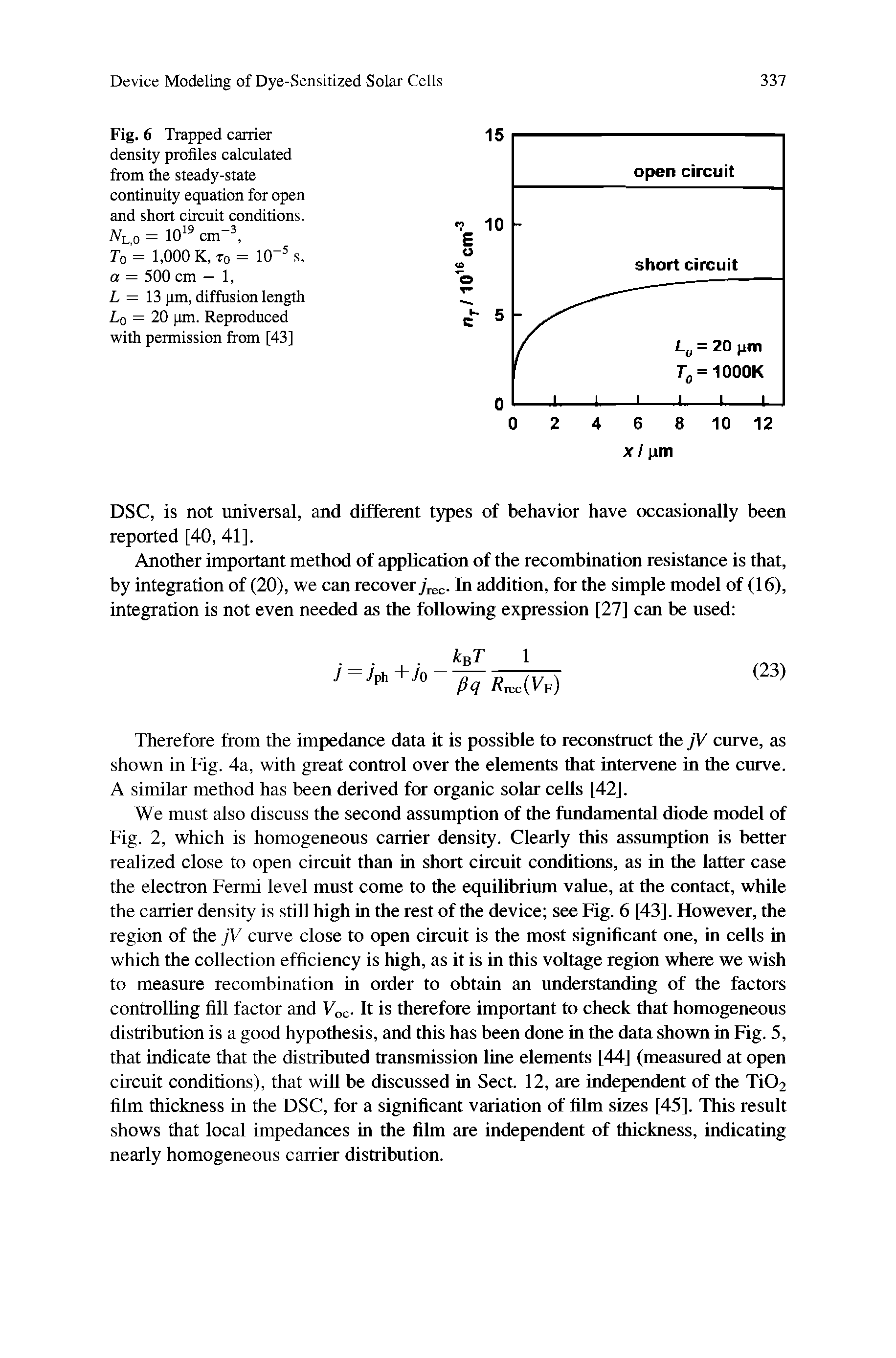 Fig. 6 Trapped carrier density profiles calculated from the steady-state continuity equation for open and short circuit conditions. A1l,o = 10 cm- ...