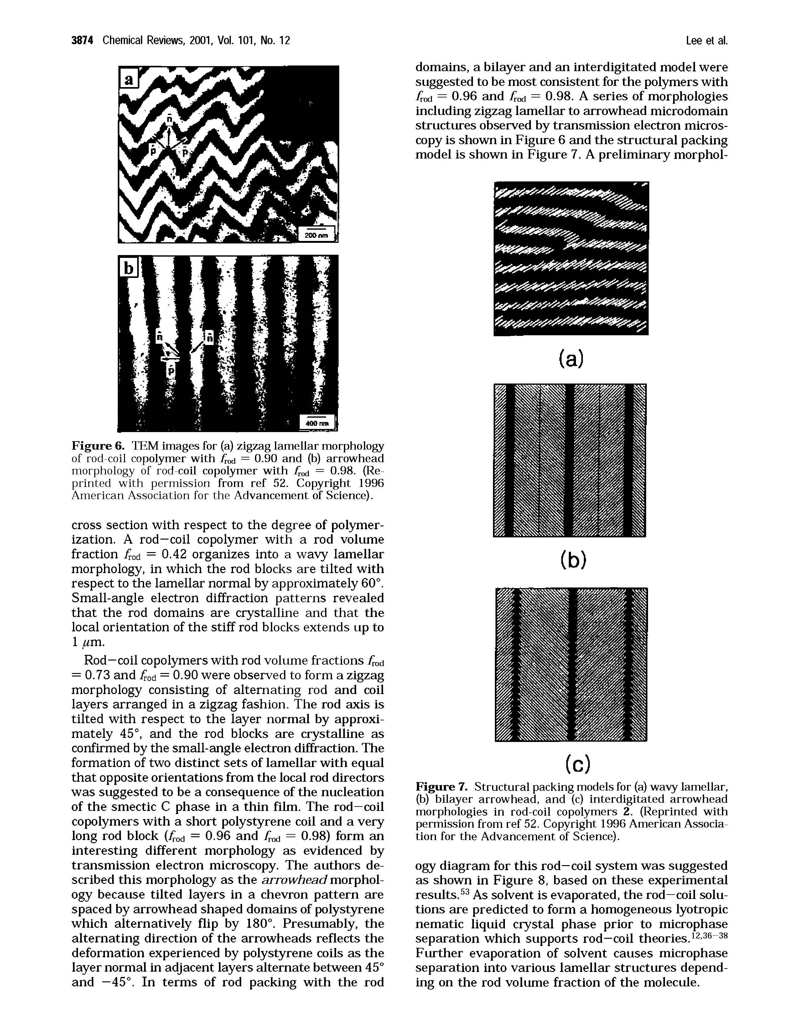 Figure 6. TEM images for (a) zigzag lamellar morphology of rod-coil copolymer with Toa = 0.90 and (b) arrowhead morphology of rod-coil copolymer with Tod = 0.98. (Reprinted with permission from ref 52. Copyright 1996 American Association for the Advancement of Science).