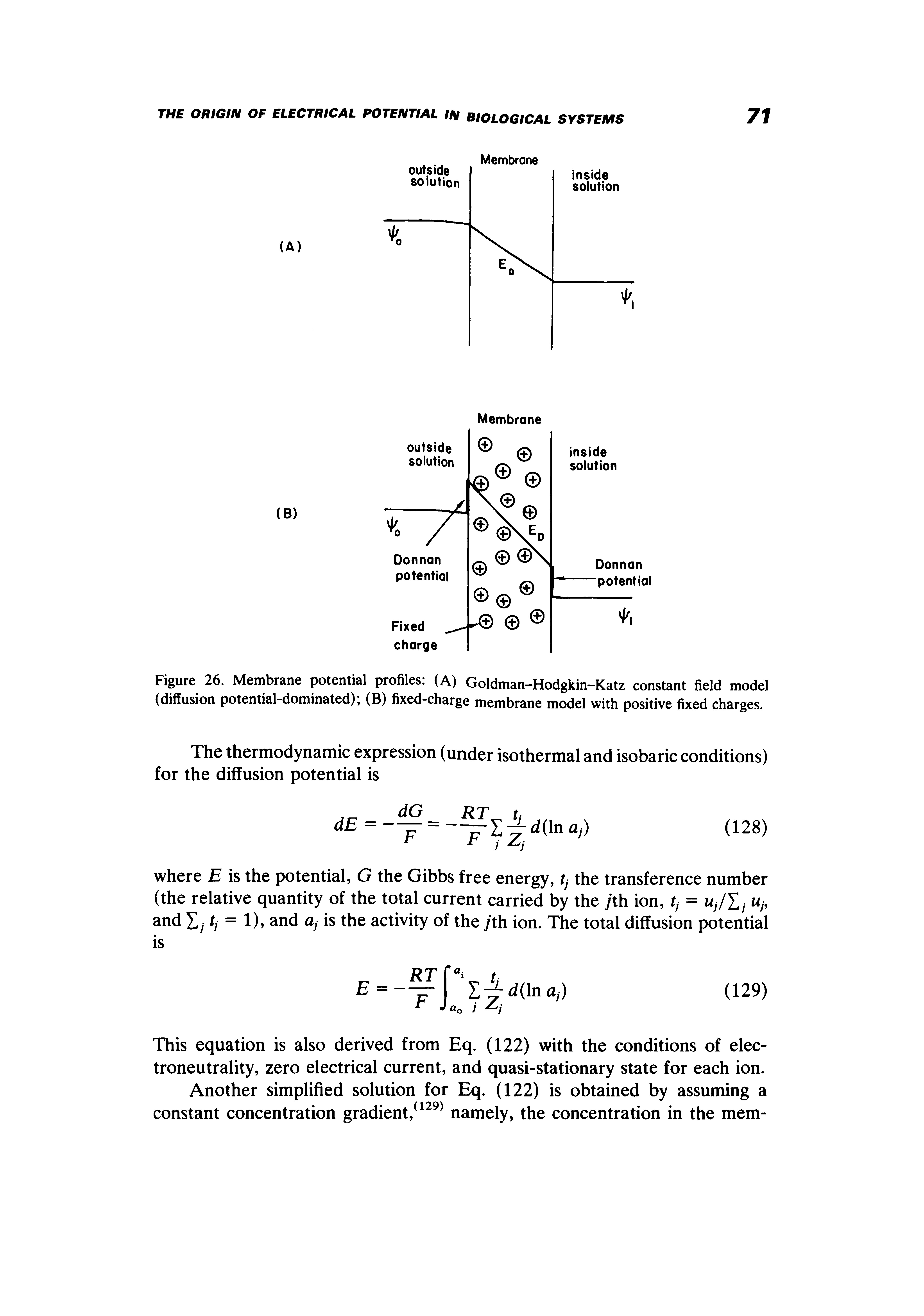 Figure 26. Membrane potential profiles (A) Goldman-Hodgkin-Katz constant field model (diffusion potential-dominated) (B) fixed-charge membrane model with positive fixed charges.