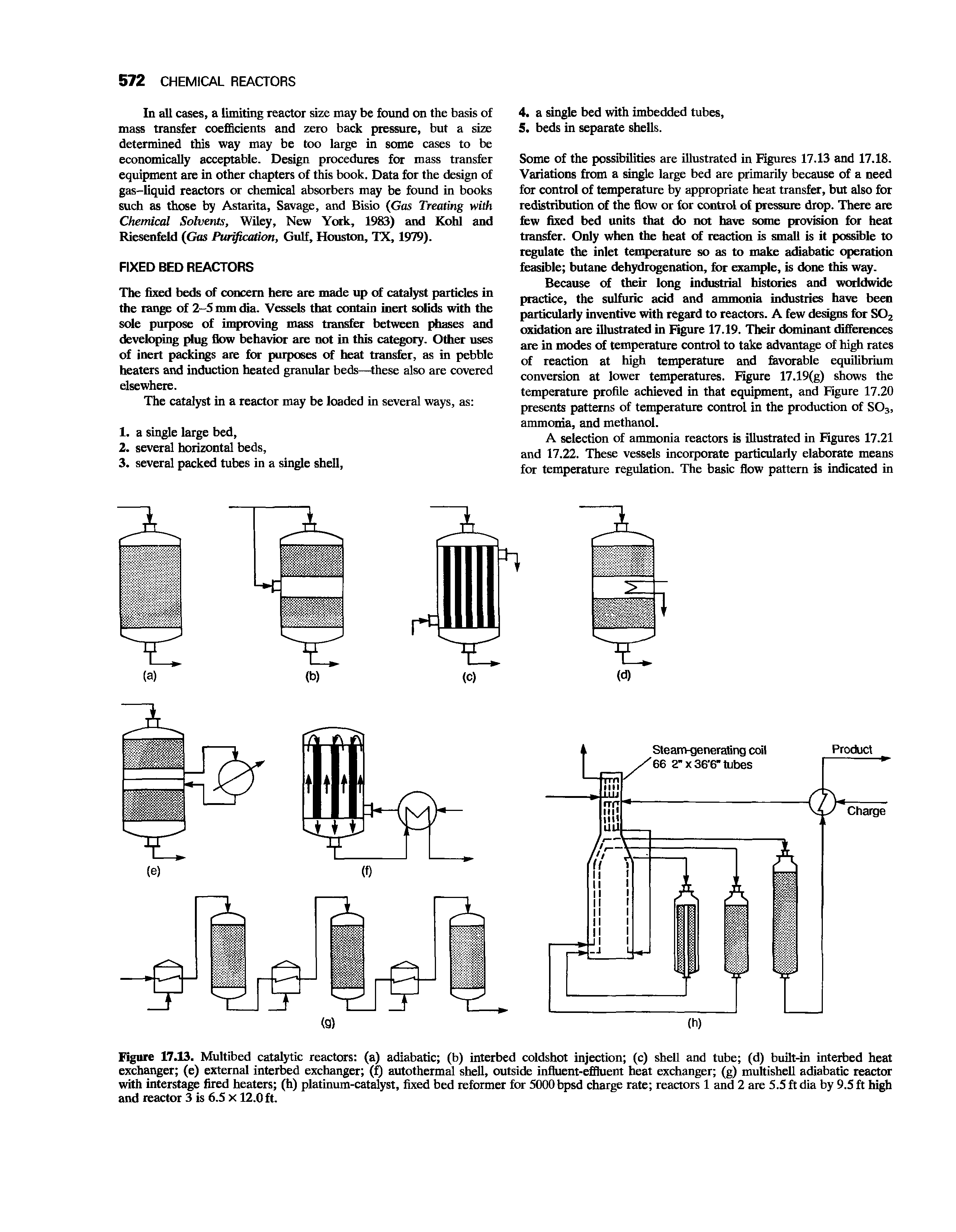 Figure 17.13. Multibed catalytic reactors (a) adiabatic (b) interbed coldshot injection (c) shell and tube (d) built-in interbed heat exchanger (e) external interbed exchanger (f) autothermal shell, outside influent-effluent heat exchanger (g) multishell adiabatic reactor with interstage fired heaters (h) platinum-catalyst, fixed bed reformer for 5000 bpsd charge rate reactors 1 and 2 are 5.5 ft dia by 9.5 ft high and reactor 3 is 6.5 x 12.0 ft.