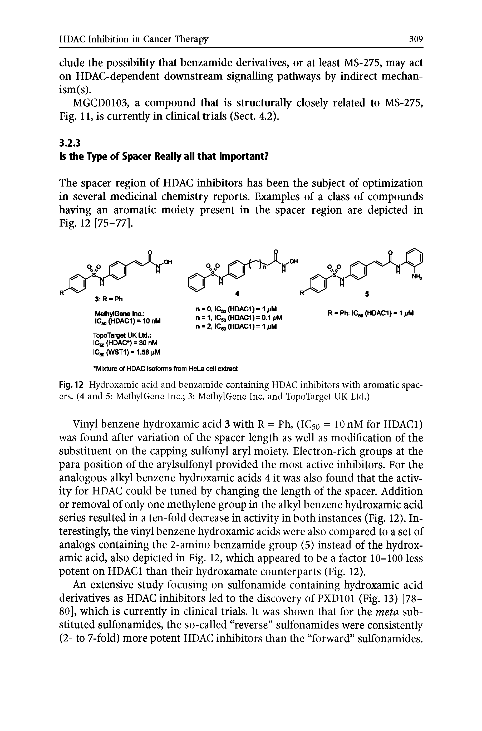 Fig. 12 Hydroxamic acid and benzamide containing HDAC inhibitors with aromatic spacers. (4 and 5 MethylGene Inc. 3 MethylGene Inc. and TopoTarget UK Ltd.)...