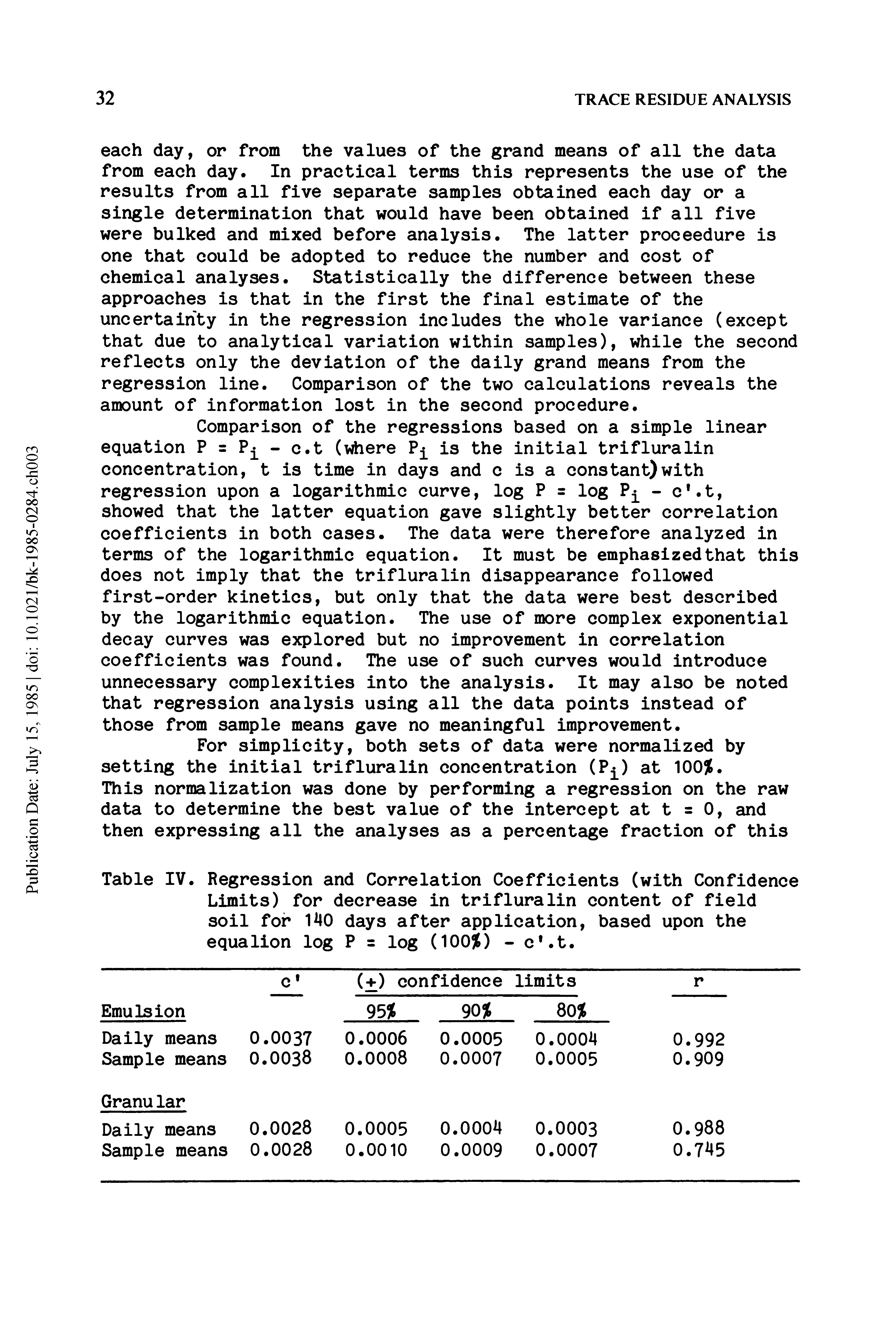 Table IV. Regression and Correlation Coefficients (with Confidence Limits) for decrease in trifluralin content of field soil for 140 days after application, based upon the equalion log P = log (100 ) - c. t.