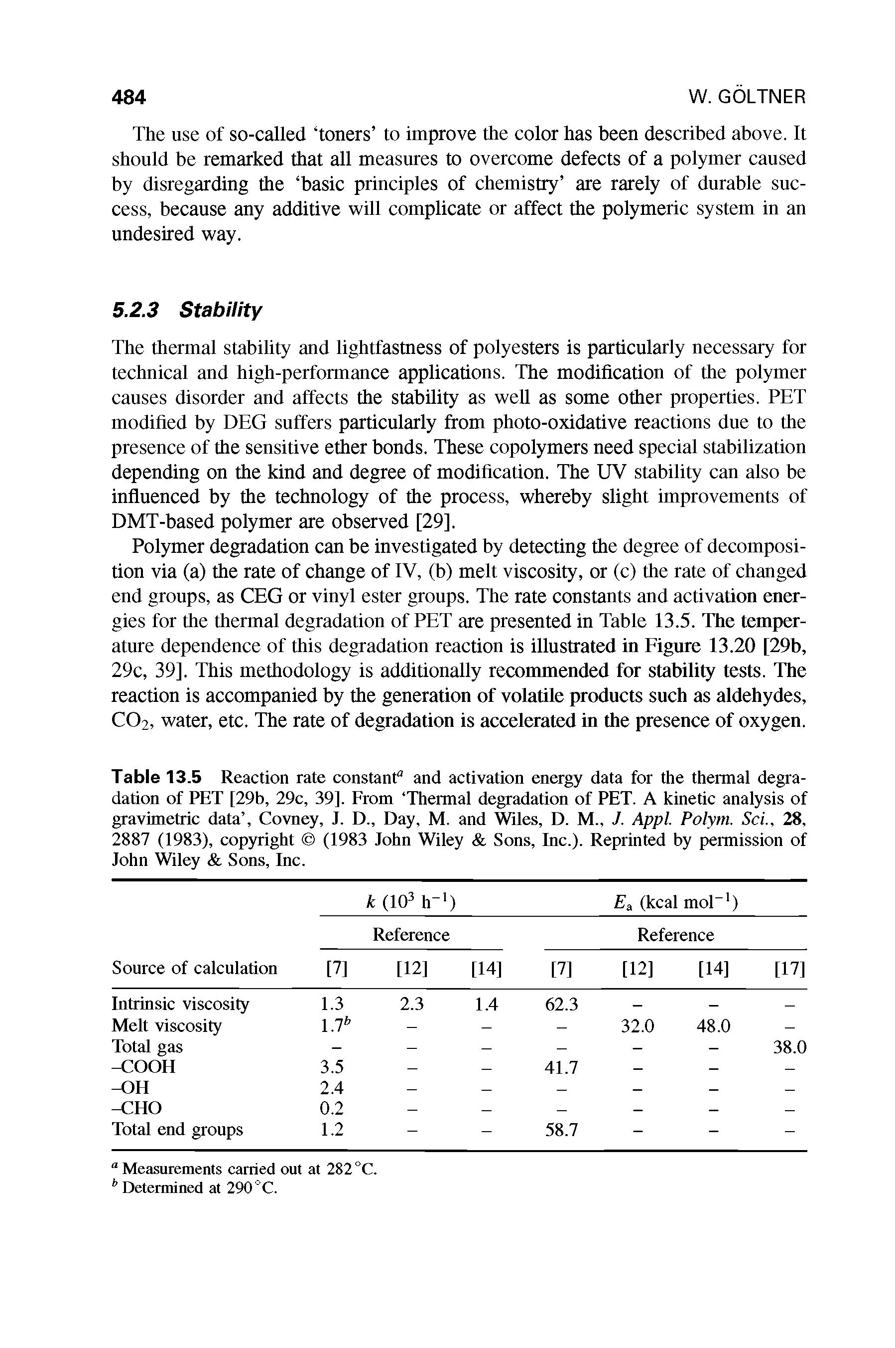 Table 13.5 Reaction rate constant0 and activation energy data for the thermal degradation of PET [29b, 29c, 39]. From Thermal degradation of PET. A kinetic analysis of gravimetric data , Covney, J. D., Day, M. and Wiles, D. M., J. Appl. Polym. Sci., 28, 2887 (1983), copyright (1983 John Wiley Sons, Inc.). Reprinted by permission of John Wiley Sons, Inc.