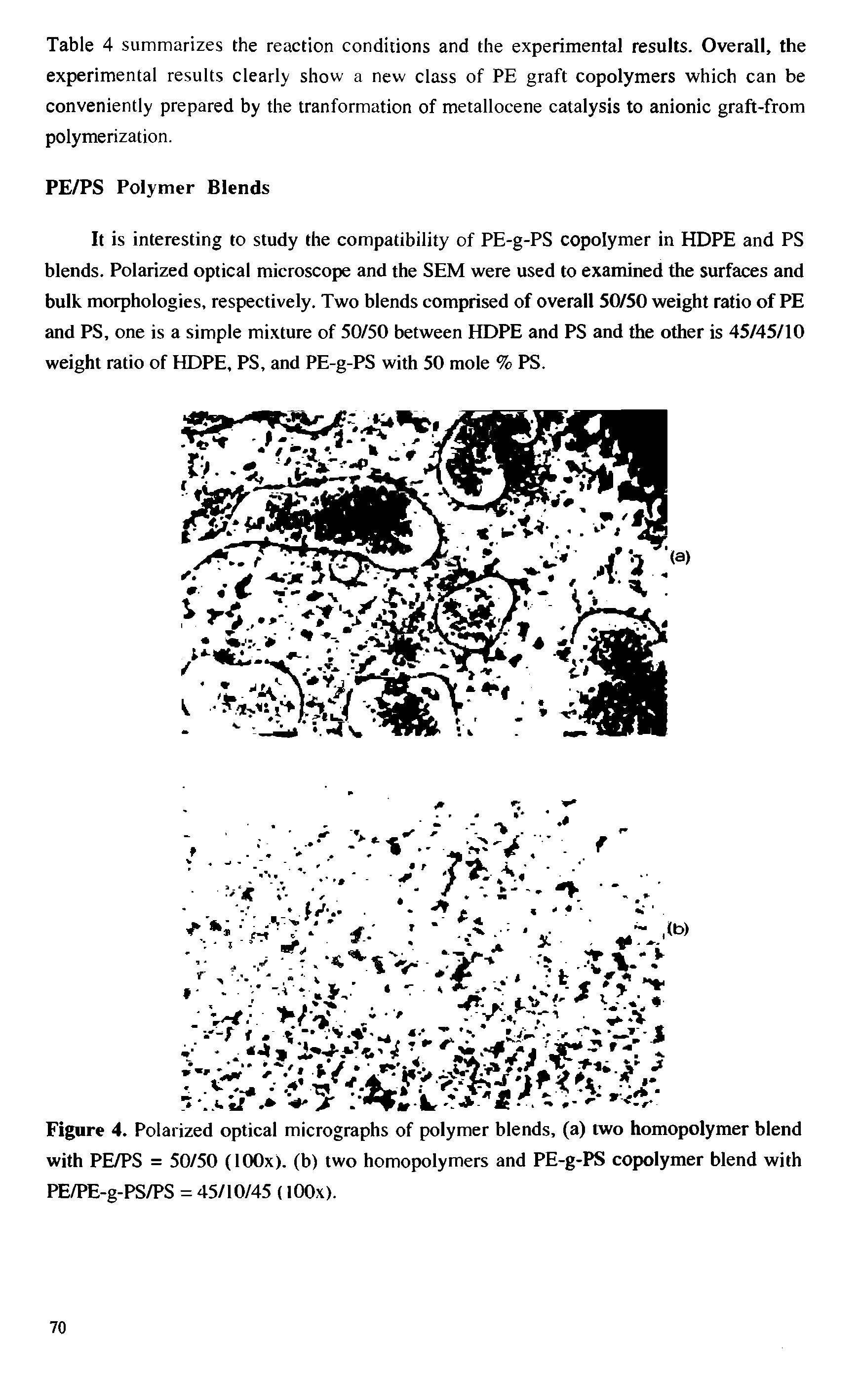 Figure 4. Polarized optical micrographs of polymer blends, (a) two homopolymer blend with PE/PS = 50/50 (100x). (b) two homopolymers and PE-g-PS copolymer blend with PE/PE-g-PS/PS = 45/10/45 (lOOx).