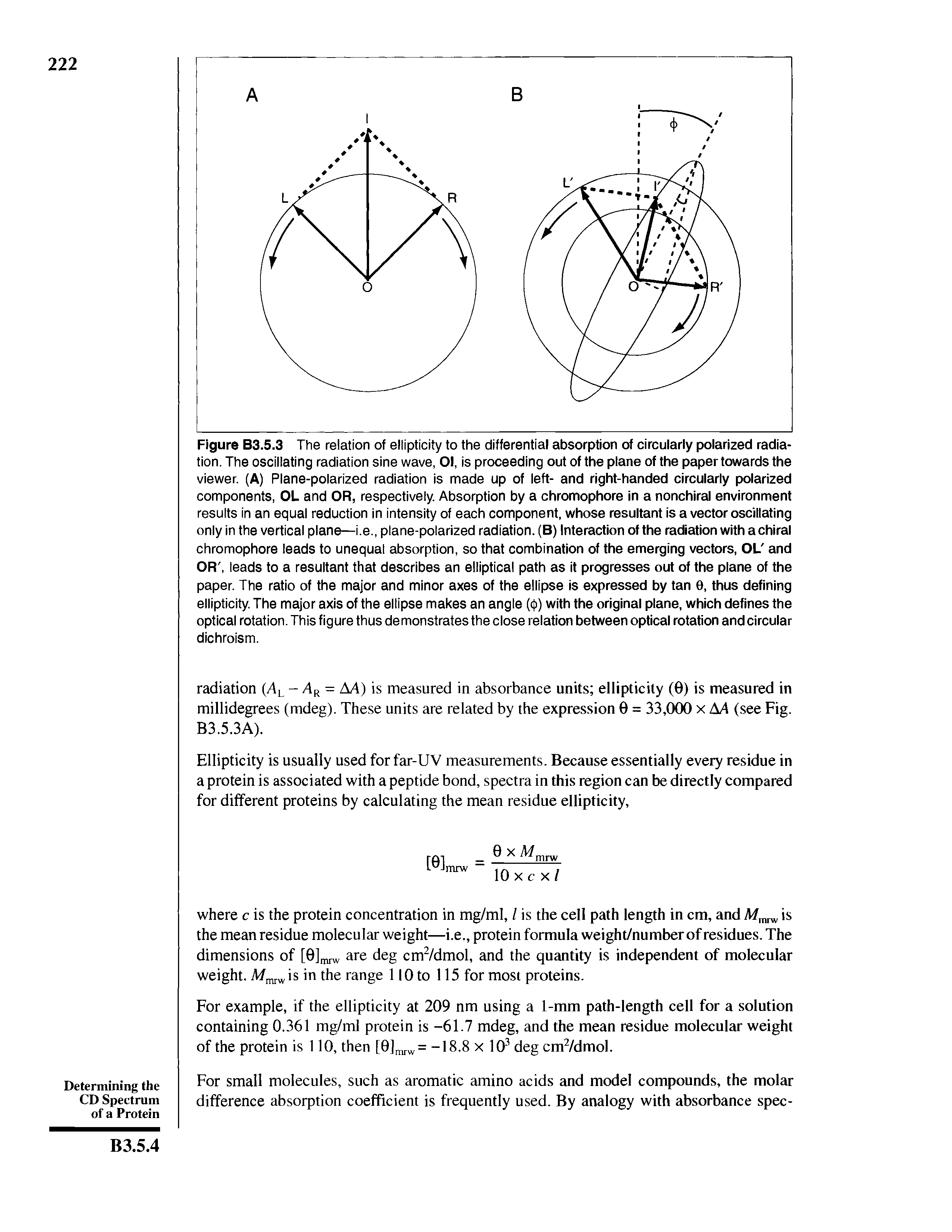 Figure B3.5.3 The relation of ellipticity to the differential absorption of circularly polarized radiation. The oscillating radiation sine wave, 01, is proceeding out of the plane of the paper towards the viewer. (A) Plane-polarized radiation is made up of left- and right-handed circularly polarized components, OL and OR, respectively. Absorption by a chromophore in a nonchiral environment results in an equal reduction in intensity of each component, whose resultant is a vector oscillating only in the vertical plane—i.e., plane-polarized radiation. (B) Interaction of the radiation with achiral chromophore leads to unequal absorption, so that combination of the emerging vectors, OL and OR, leads to a resultant that describes an elliptical path as it progresses out of the plane of the paper. The ratio of the major and minor axes of the ellipse is expressed by tan 0, thus defining ellipticity. The major axis of the ellipse makes an angle (q) with the original plane, which defines the optical rotation. This figure thus demonstrates the close relation between optical rotation and circular dichroism.