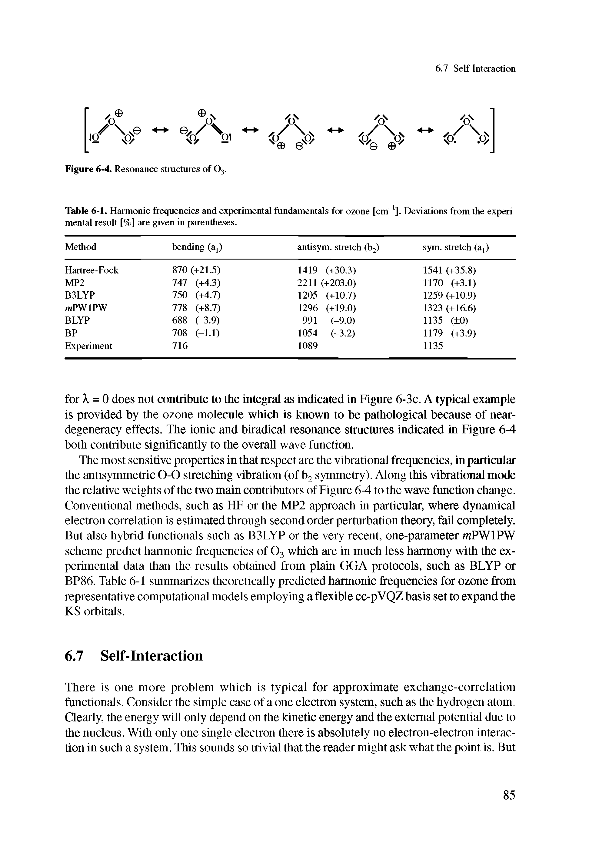 Table 6-1. Harmonic frequencies and experimental fundamentals for ozone [cm 11. Deviations from the experimental result [%] are given in parentheses.