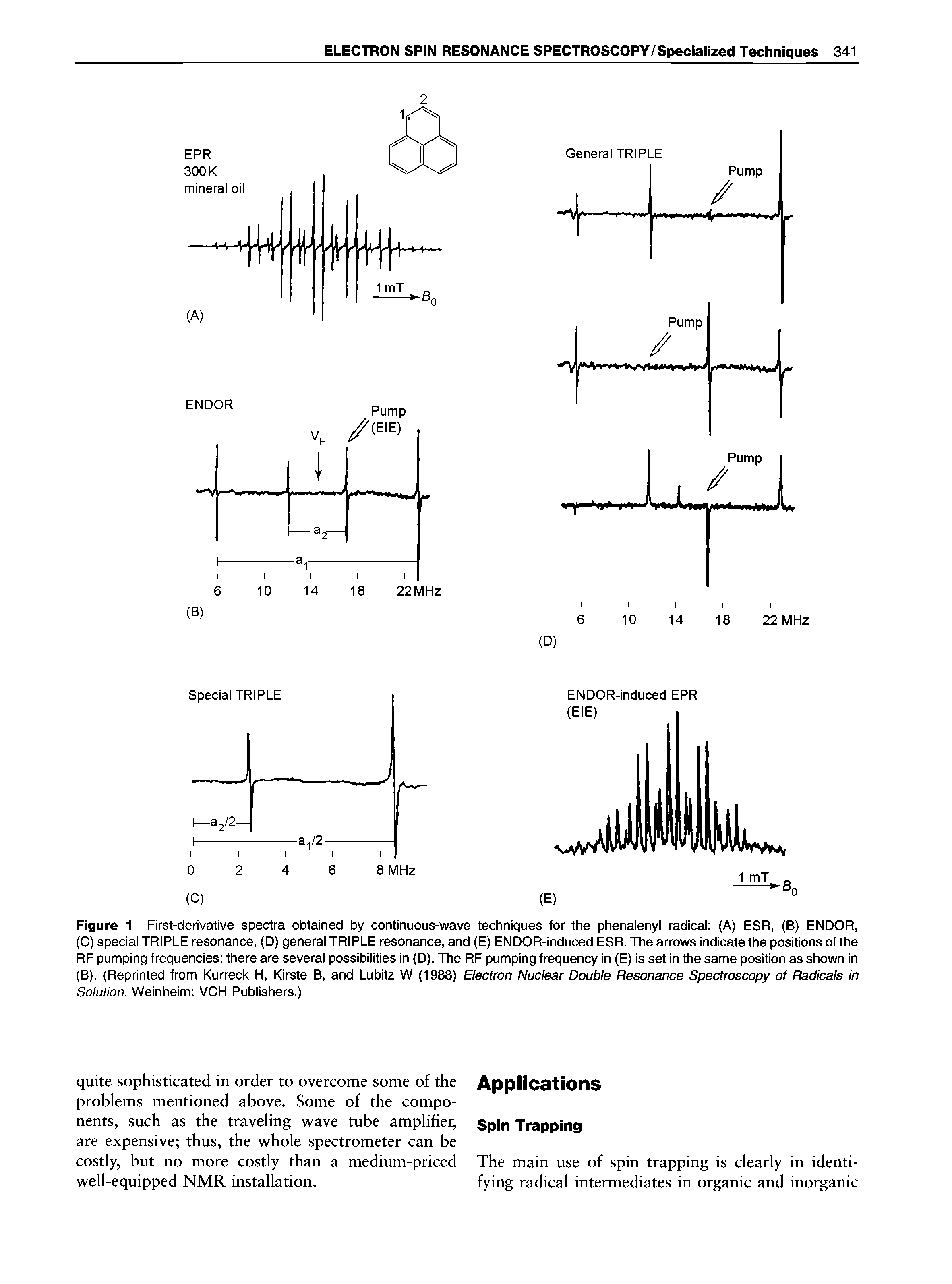 Figure 1 First-derivative spectra obtained by continuous-wave techniques for the phenalenyl radical (A) ESR, (B) ENDOR, (C) special TRIPLE resonance, (D) general TRIPLE resonance, and (E) ENDOR-induced ESR. The arrows indicate the positions of the RF pumping frequencies there are several possibilities in (D). The RF pumping frequency in (E) is set in the same position as shown in (B). (Reprinted from Kurreck H, Kirste B, and Lubitz W (1988) Electron Nuclear Double Resonance Spectroscopy of Radicals In Solution. Weinheim VCH Publishers.)...