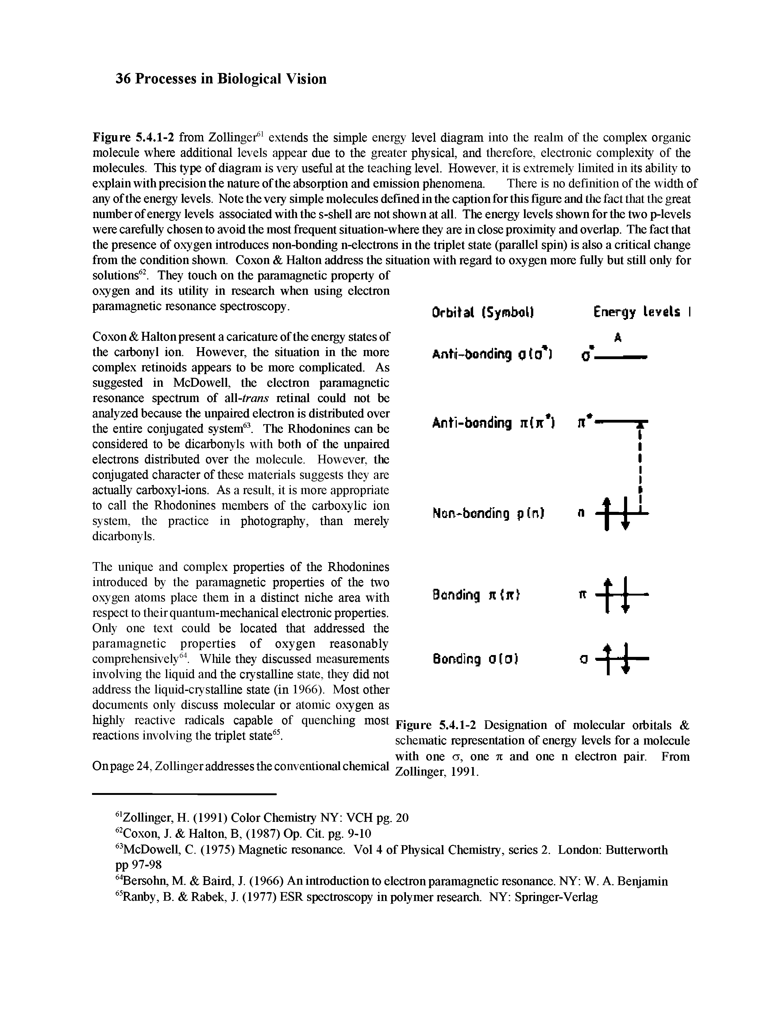 Figure 5.4.1-2 Designation of molecular orbitals schematic representation of energy levels for a molecule with one ct, one jt and one n electron pair. From Zollinger, 1991.