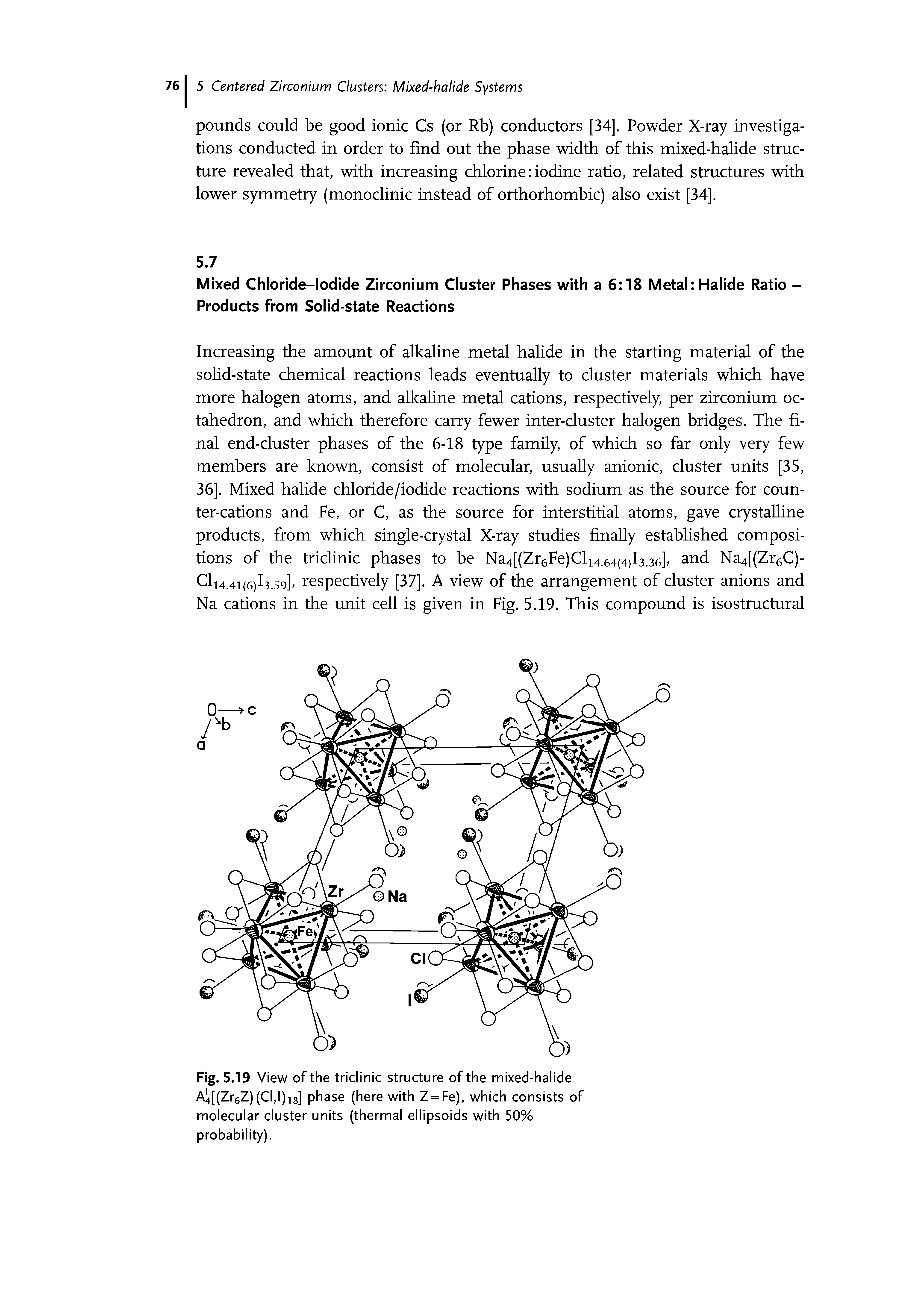 Fig. 5.19 View of the triclinic structure of the mixed-halide A [(Zr6Z)(CI,l)i8] phase (here with Z = Fe), which consists of molecular cluster units (thermal ellipsoids with 50% probability).