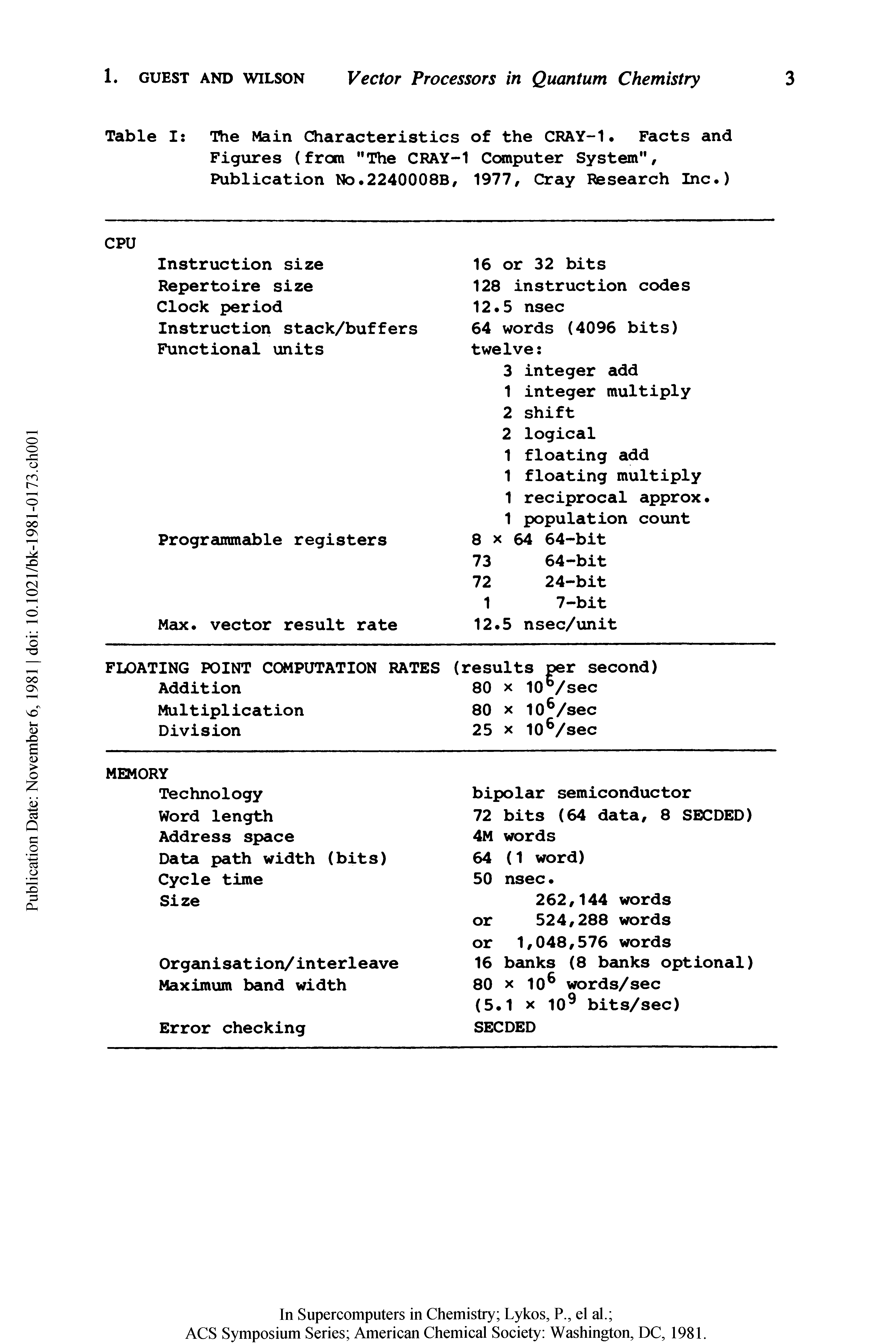 Table I The Main Characteristics of the CRAY-1. Facts and Figures (from "The CRAY-1 Computer System", Publication NO.2240008B, 1977, Cray Research Inc.)...