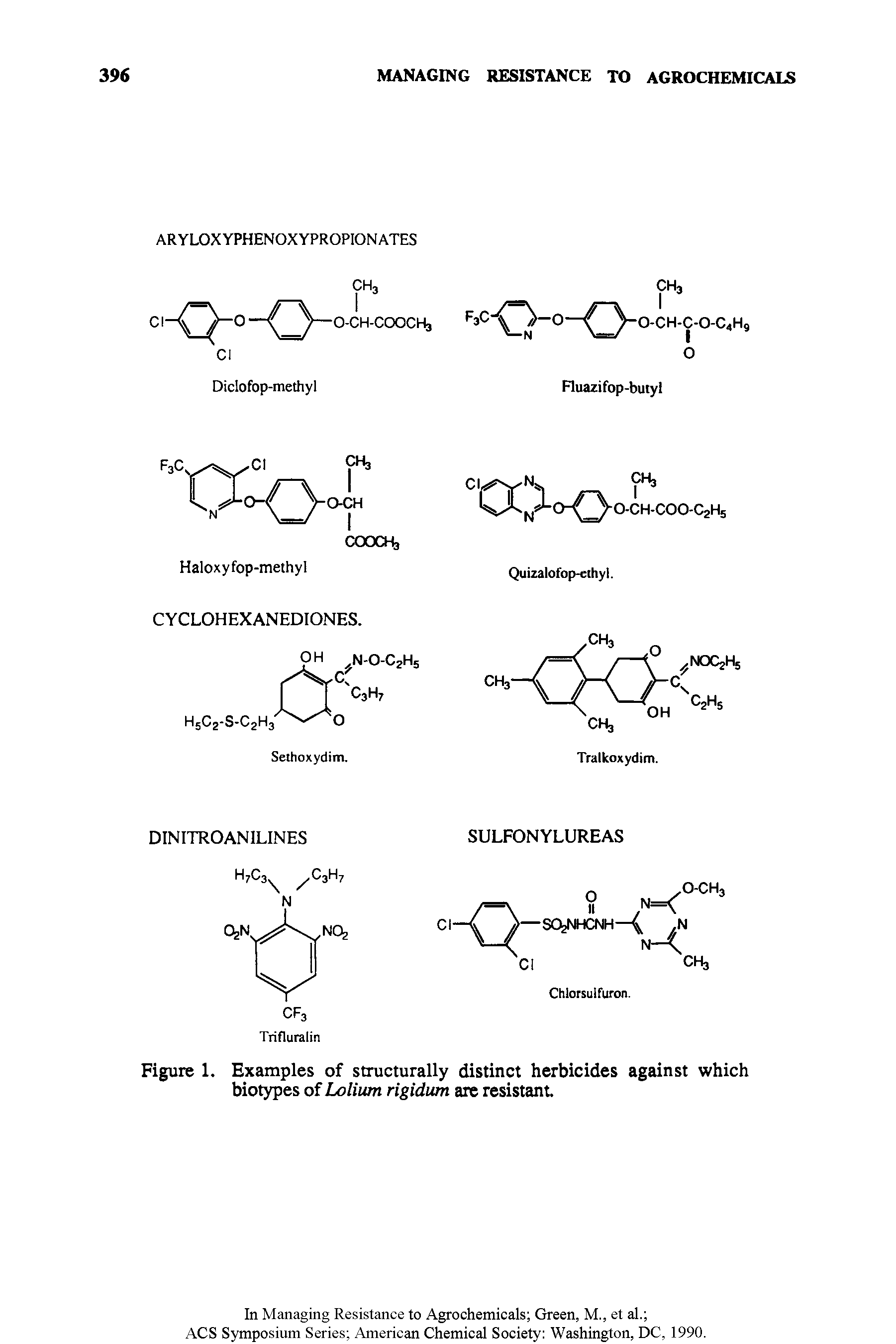 Figure 1. Examples of structurally distinct herbicides against which biotypes of Lolium rigidum are resistant.