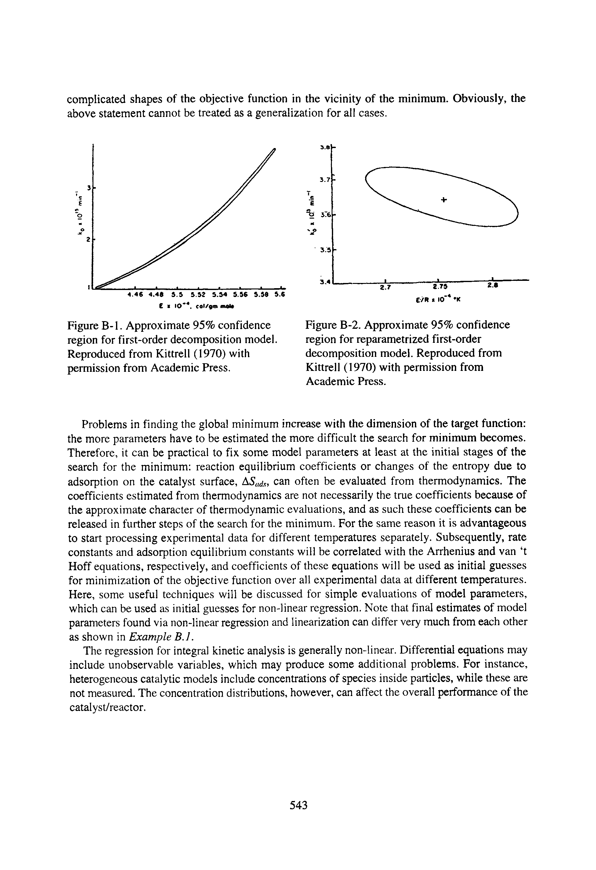 Figure B-1. Approximate 95% confidence region for first-order decomposition model. Reproduced from Kittrell (1970) with permission from Academic Press.