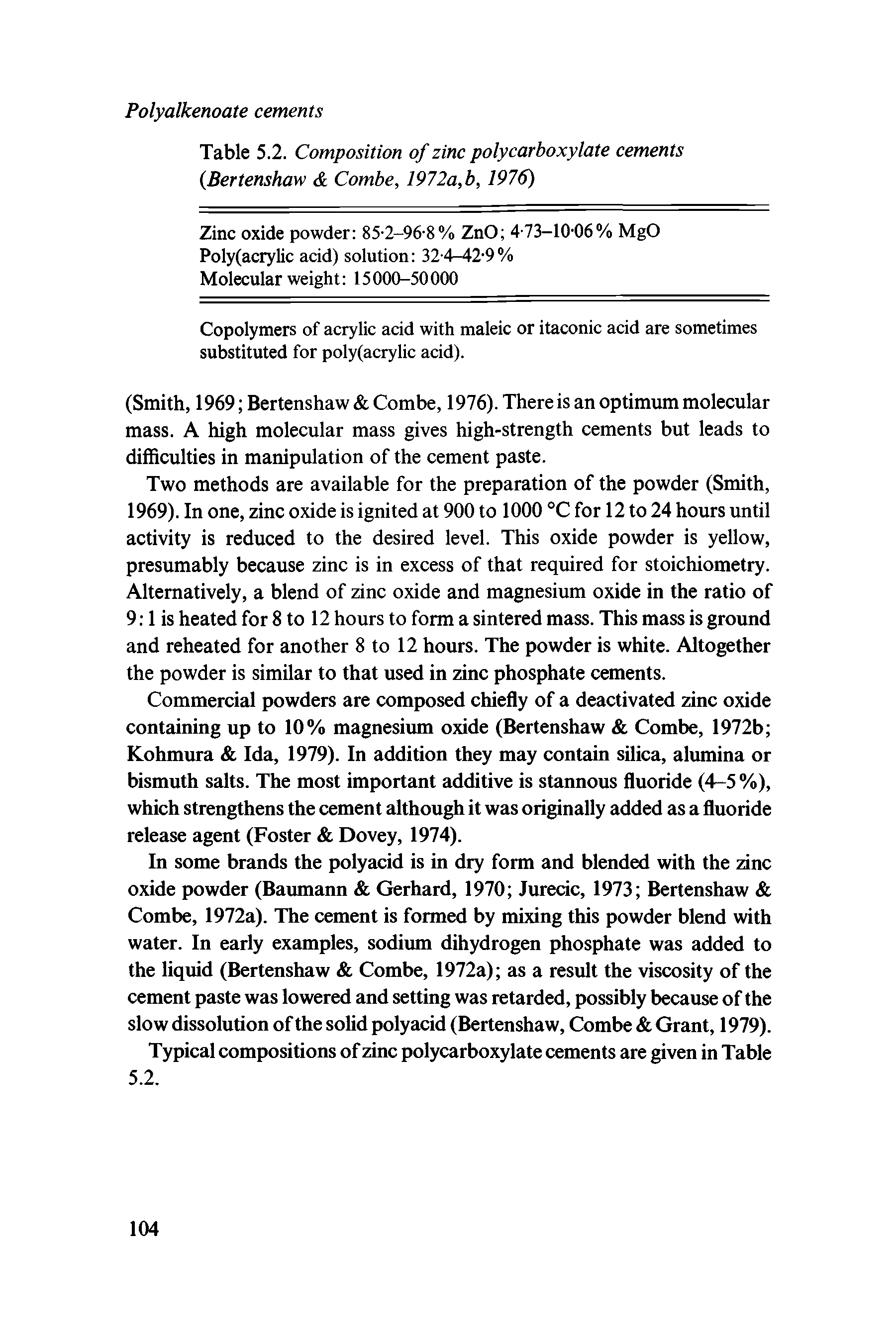 Table 5.2. Composition of zinc polycarboxylate cements (Bertenshaw Combe, 1972a,b, 1976)...