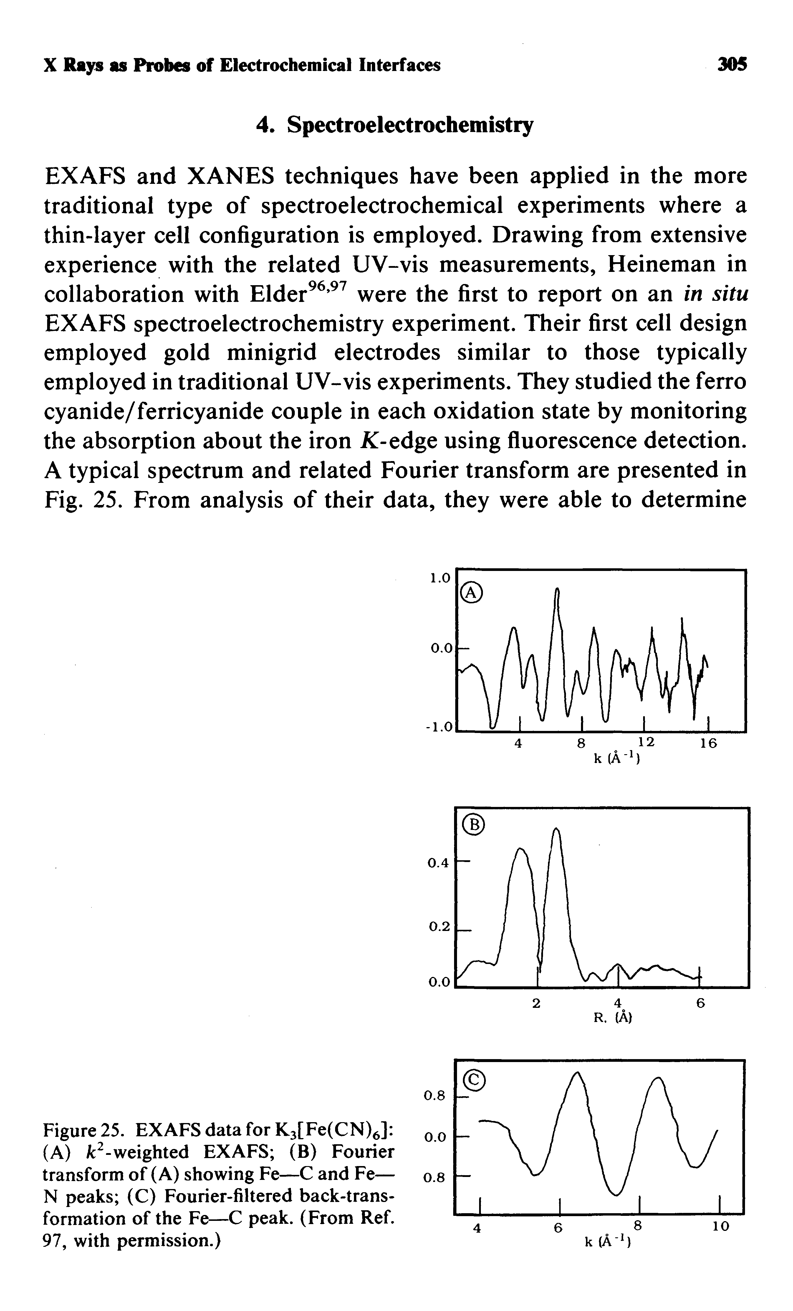 Figure 25. EXAFS data for K3[Fe(CN)6] (A) k2-weighted EXAFS (B) Fourier transform of (A) showing Fe—C and Fe— N peaks (C) Fourier-filtered back-transformation of the Fe—C peak. (From Ref. 97, with permission.)...