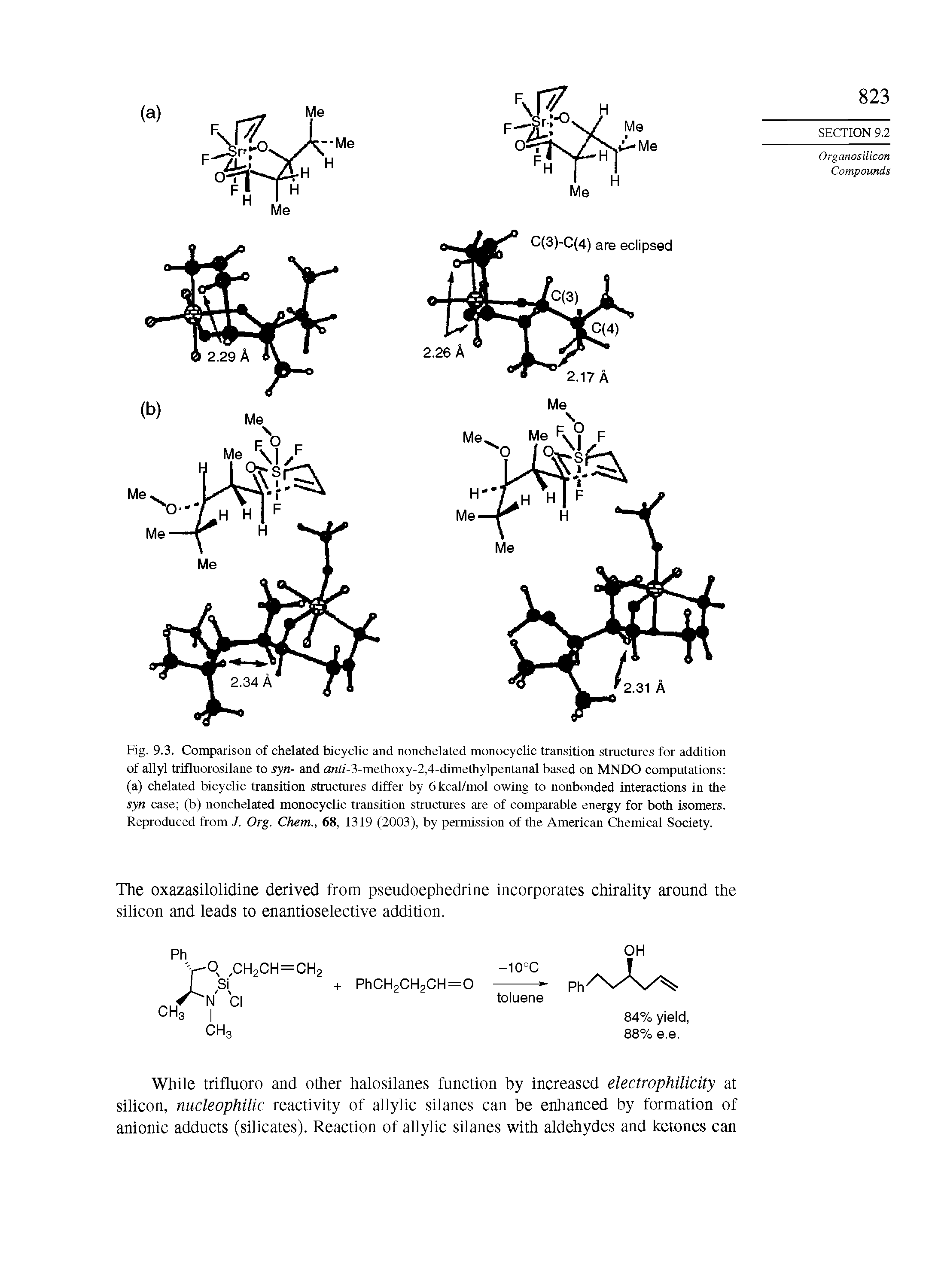 Fig. 9.3. Comparison of chelated bicyclic and nonchelated monocyclic transition structures for addition of allyl trifluorosilane to syn- and tf ft -3-methoxy-2,4-dimethylpentanal based on MNDO computations (a) chelated bicyclic transition structures differ by 6kcal/mol owing to nonbonded interactions in the syn case (b) nonchelated monocyclic transition structures are of comparable energy for both isomers. Reproduced from J. Org. Chem., 68, 1319 (2003), by permission of the American Chemical Society.