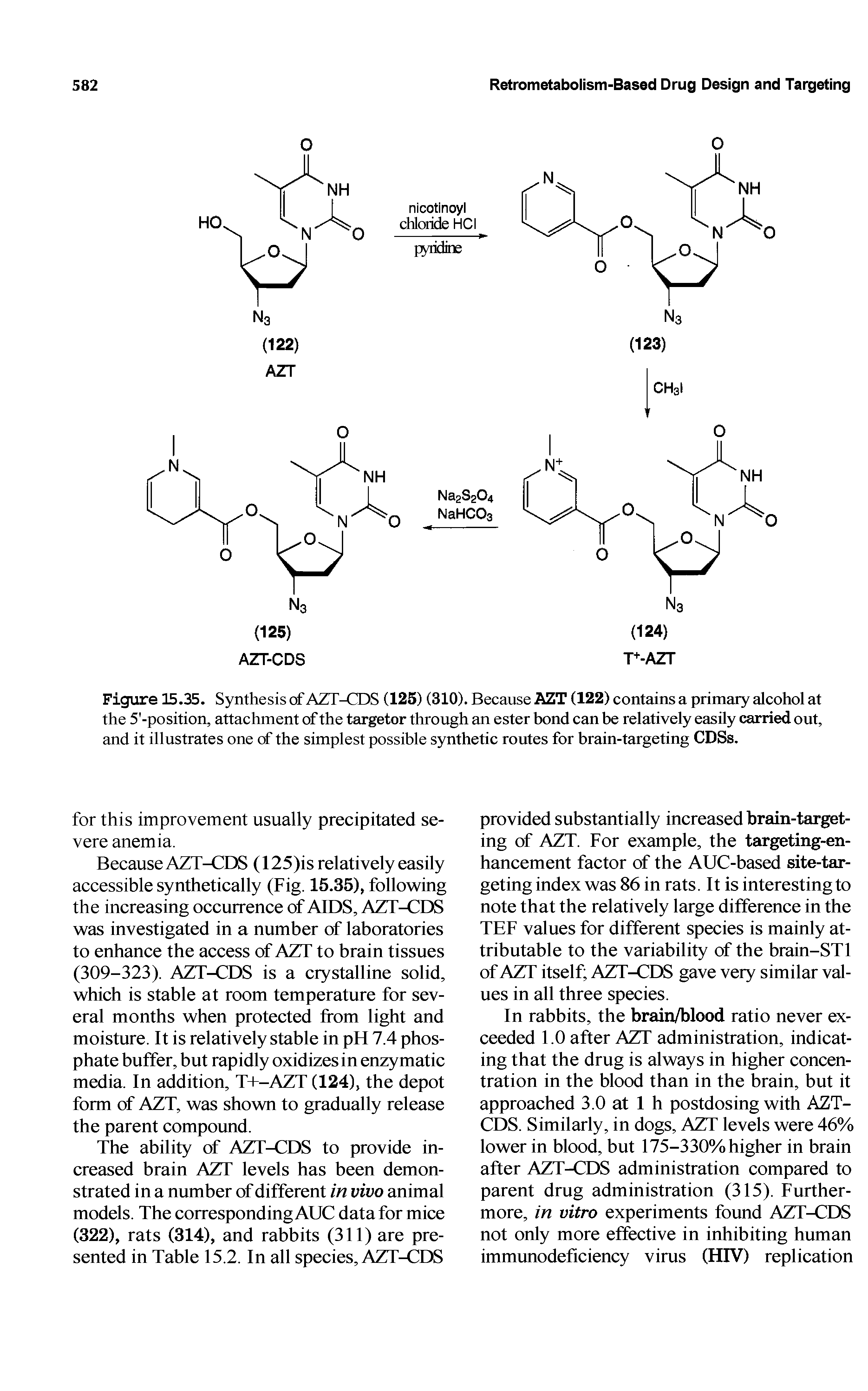 Figure 15.35. Synthesis of AZT-CDS (125) (310). Because AZT (122) contains a primary alcohol at the 5 -position, attachment of the targetor through an ester bond can be relatively easily carried out, and it illustrates one of the simplest possible synthetic routes for brain-targeting CDSs.
