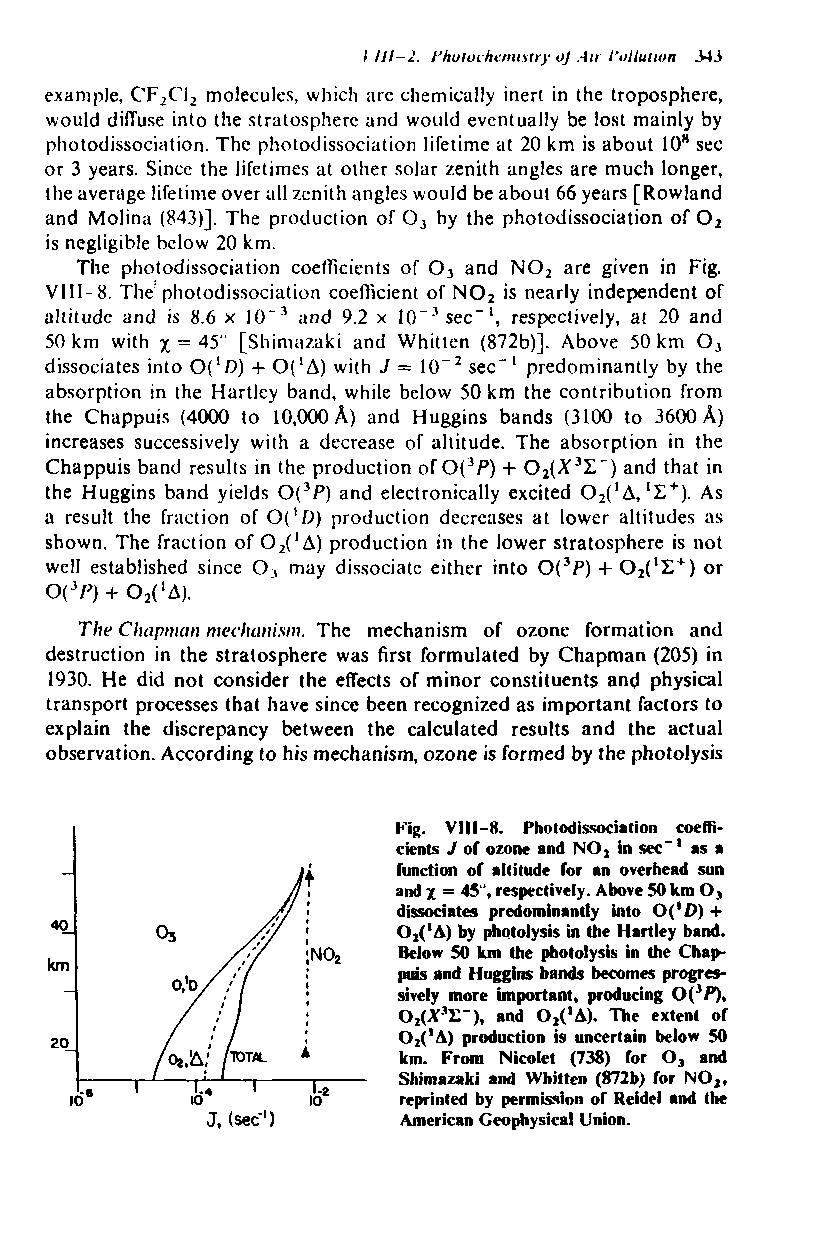 Fig. VHI-8. Photodissociation coefficients J of ozone and NOj in sec-1 as a function of altitude for an overhead sun and x = 45", respectively. Above 50 km 03 dissociates predominantly into O( D) + Ojf A) by photolysis in the Hartley band. Below 50 km the photolysis in the Chappuis and Huggins bands becomes progressively more important, producing 0(3P), 02(Jf3I ), and Oj( A). The extent of Oj( A) production is uncertain below 50 km. From Nicolet (738) for 03 and Shimazaki and Whitten (872b) for N02, reprinted by permission of Reidel and the American Geophysical Union.