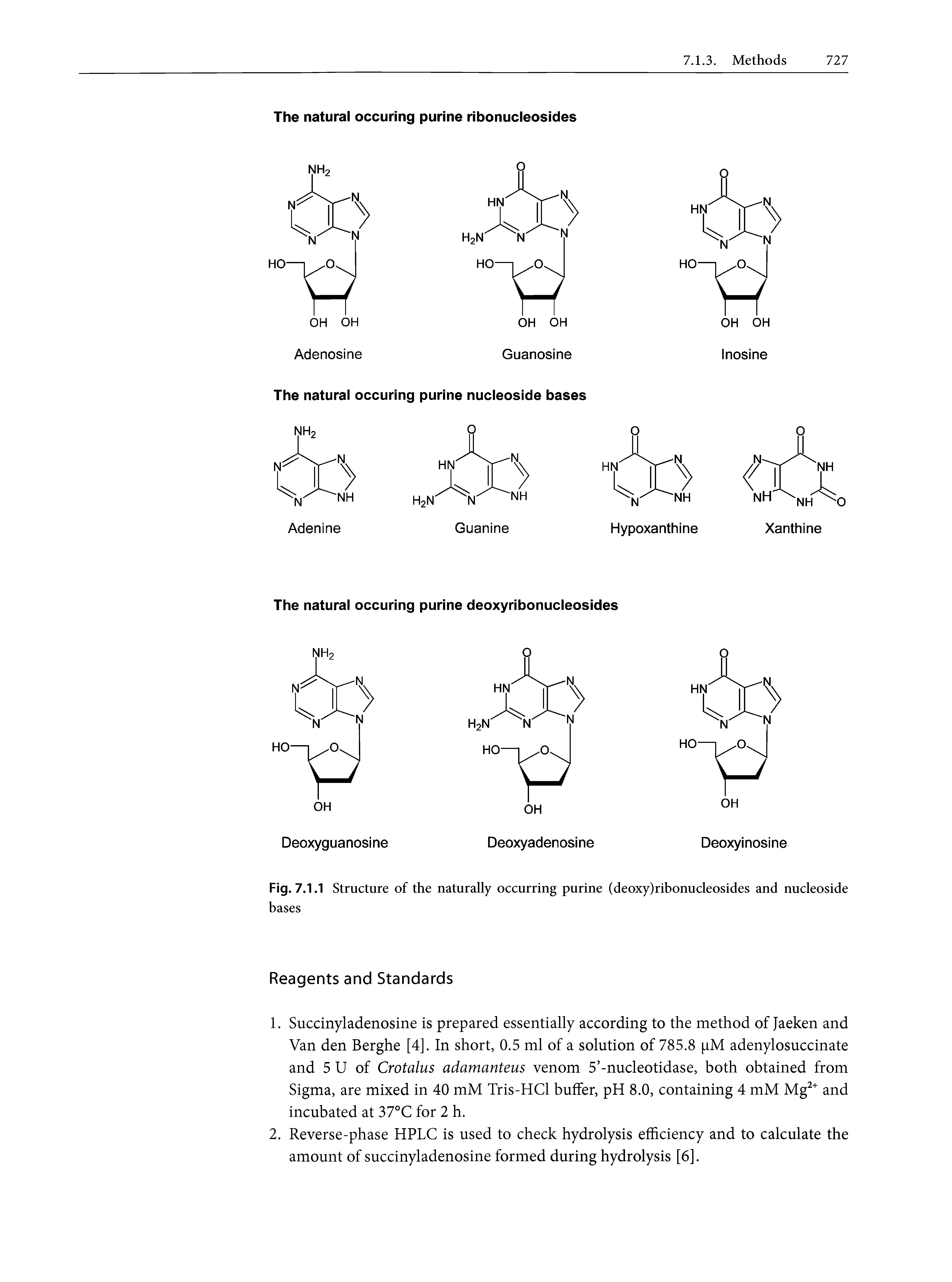 Fig. 7.1.1 Structure of the naturally occurring purine (deoxy)ribonucleosides and nucleoside bases...