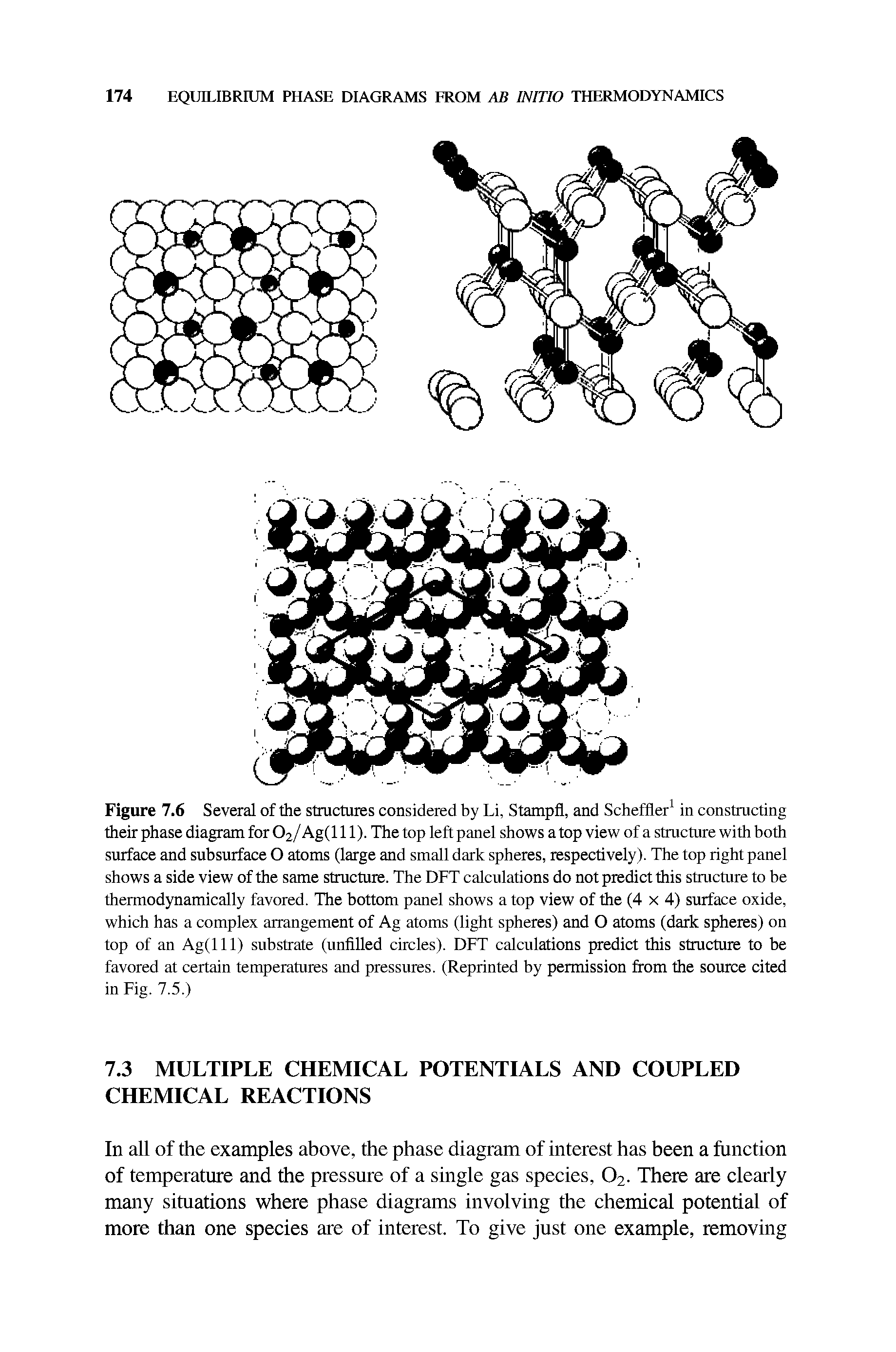 Figure 7.6 Several of the structures considered by Li, Stampfl, and Scheffler1 in constructing their phase diagram for 02/ Ag( 111). The top left panel shows a top view of a structure with both surface and subsurface O atoms (large and small dark spheres, respectively). The top right panel shows a side view of the same structure. The DFT calculations do not predict this structure to be thermodynamically favored. The bottom panel shows a top view of the (4 x 4) surface oxide, which has a complex arrangement of Ag atoms (light spheres) and O atoms (dark spheres) on top of an Ag(lll) substrate (unfilled circles). DFT calculations predict this structure to be favored at certain temperatures and pressures. (Reprinted by permission from the source cited in Fig. 7.5.)...