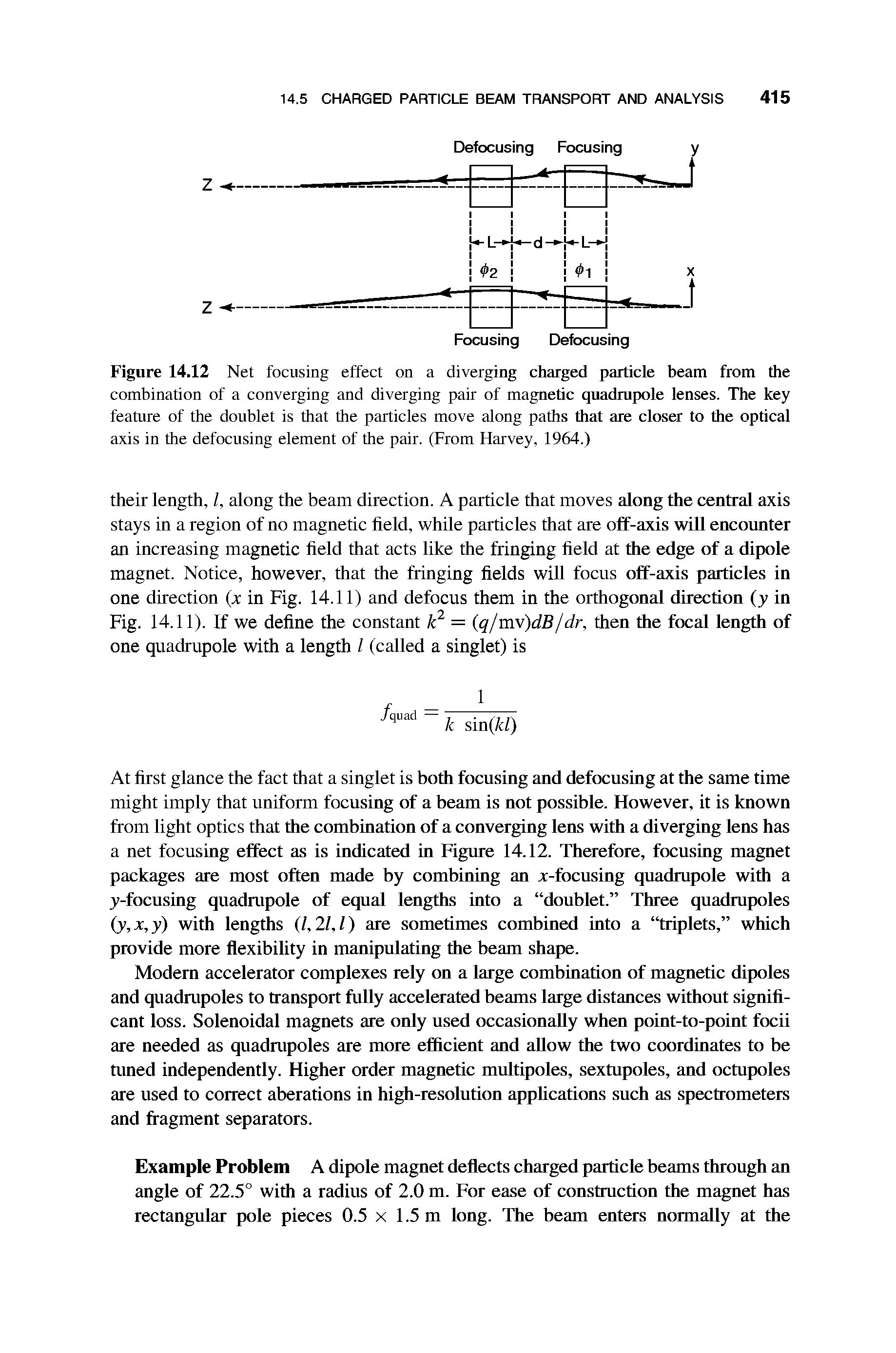 Figure 14.12 Net focusing effect on a diverging charged particle beam from the combination of a converging and diverging pair of magnetic quadrupole lenses. The key feature of the doublet is that the particles move along paths that are closer to the optical axis in the defocusing element of the pair. (From Harvey, 1964.)...
