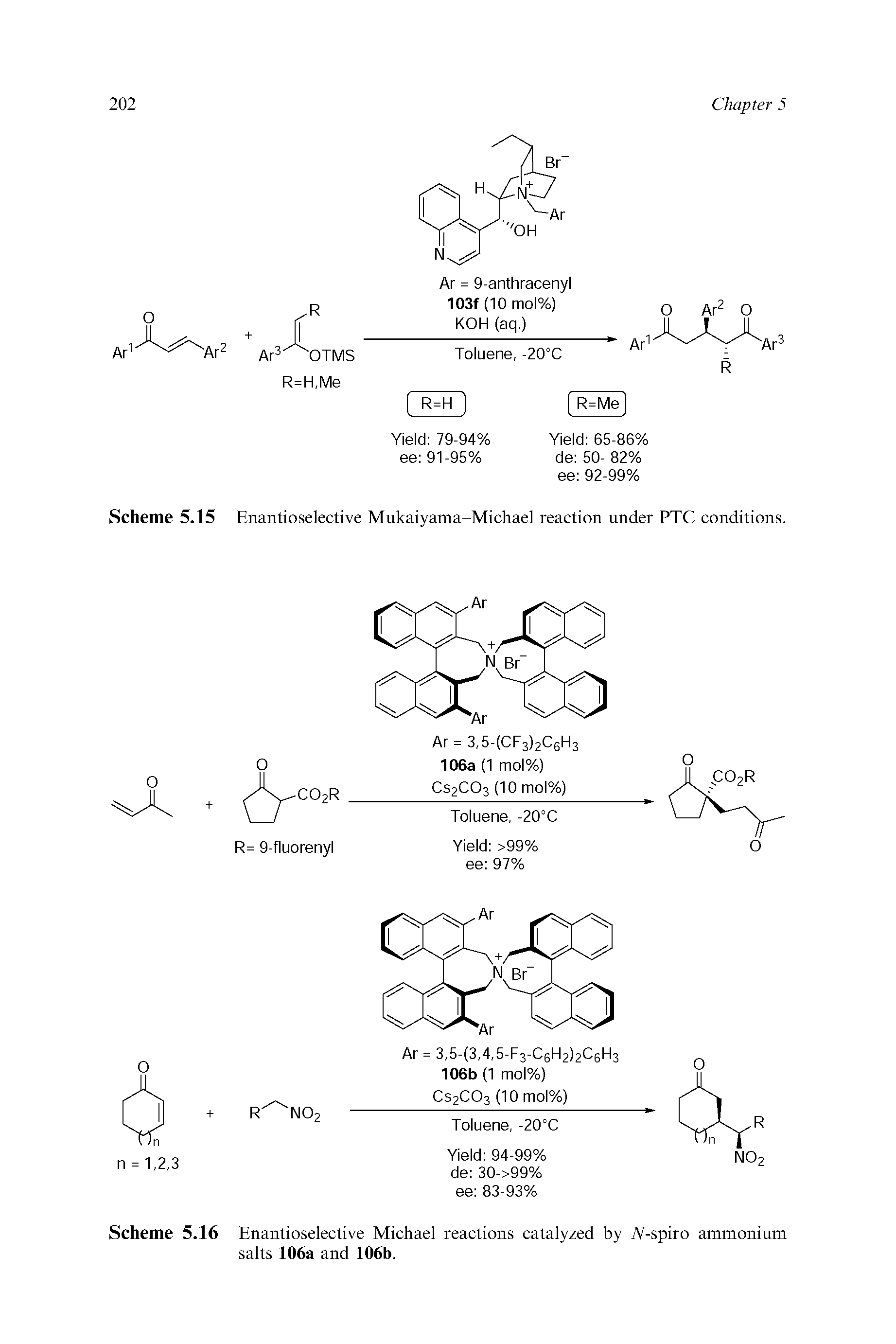 Scheme 5.16 Enantioselective Michael reactions catalyzed by A -spiro ammonium salts 106a and 106b.