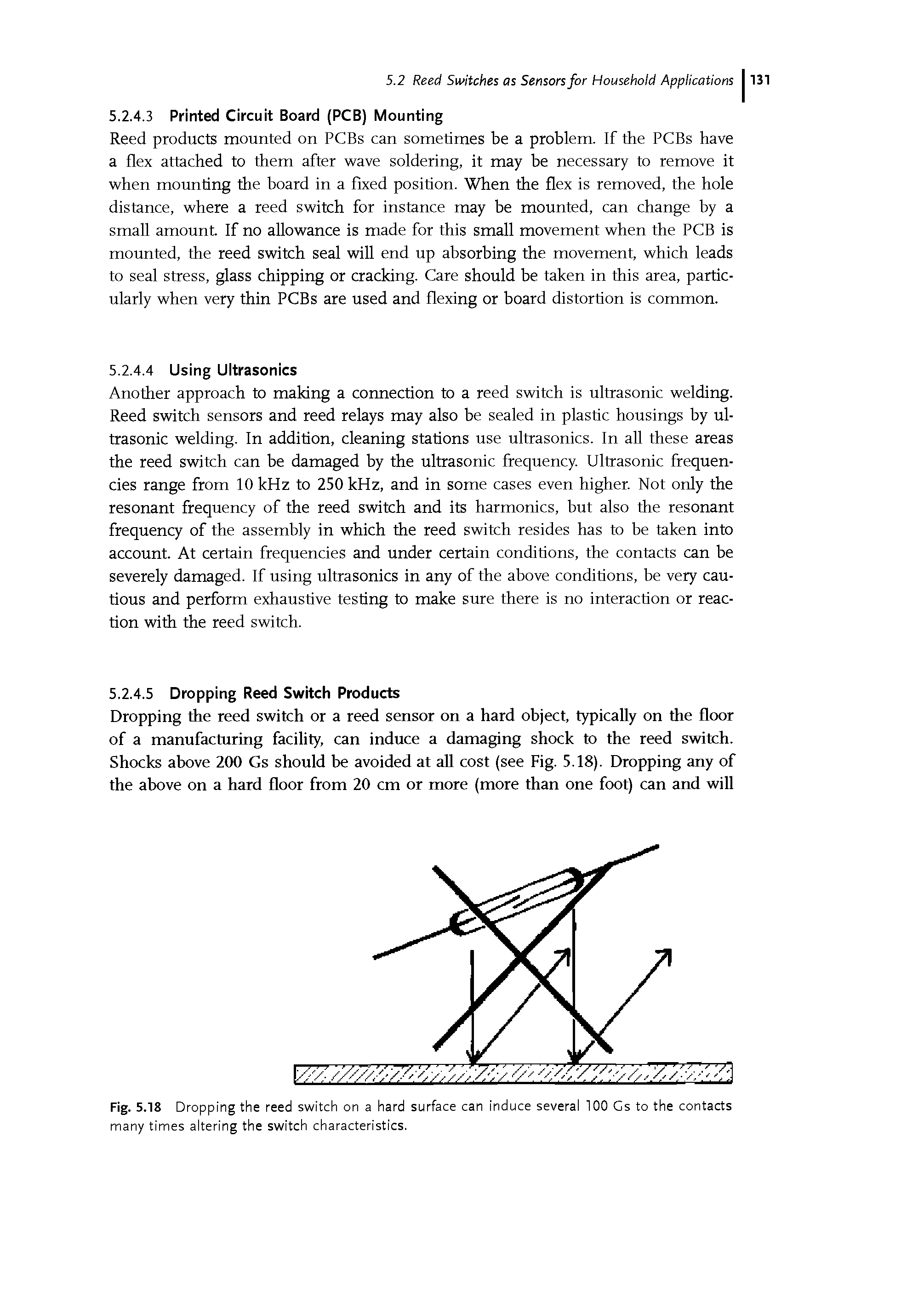 Fig. 5.18 Dropping the reed switch on a hard surface can induce several 100 Gs to the contacts many times altering the switch characteristics.