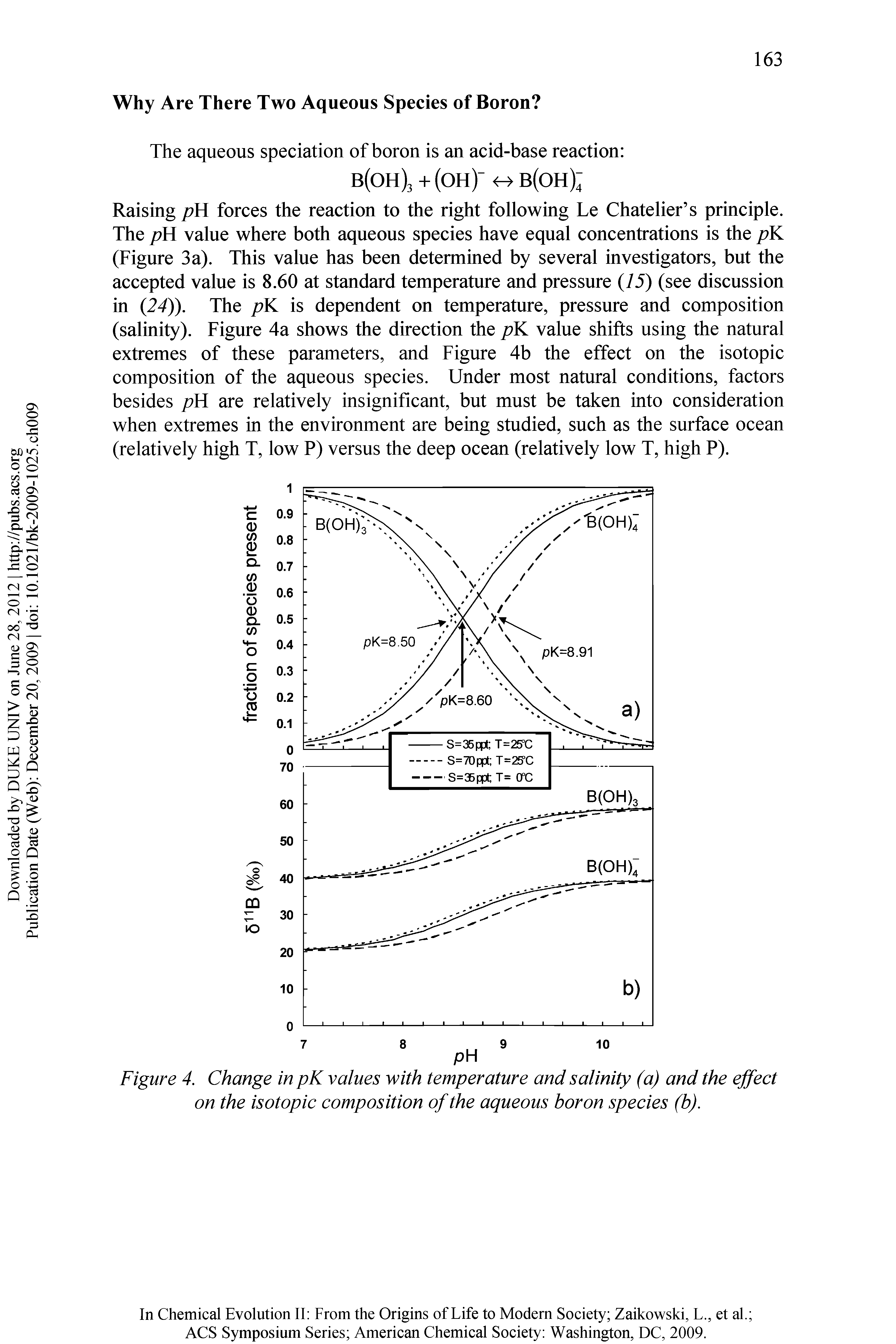 Figure 4. Change in pK values with temperature and salinity (a) and the effect on the isotopic composition of the aqueous boron species (b).