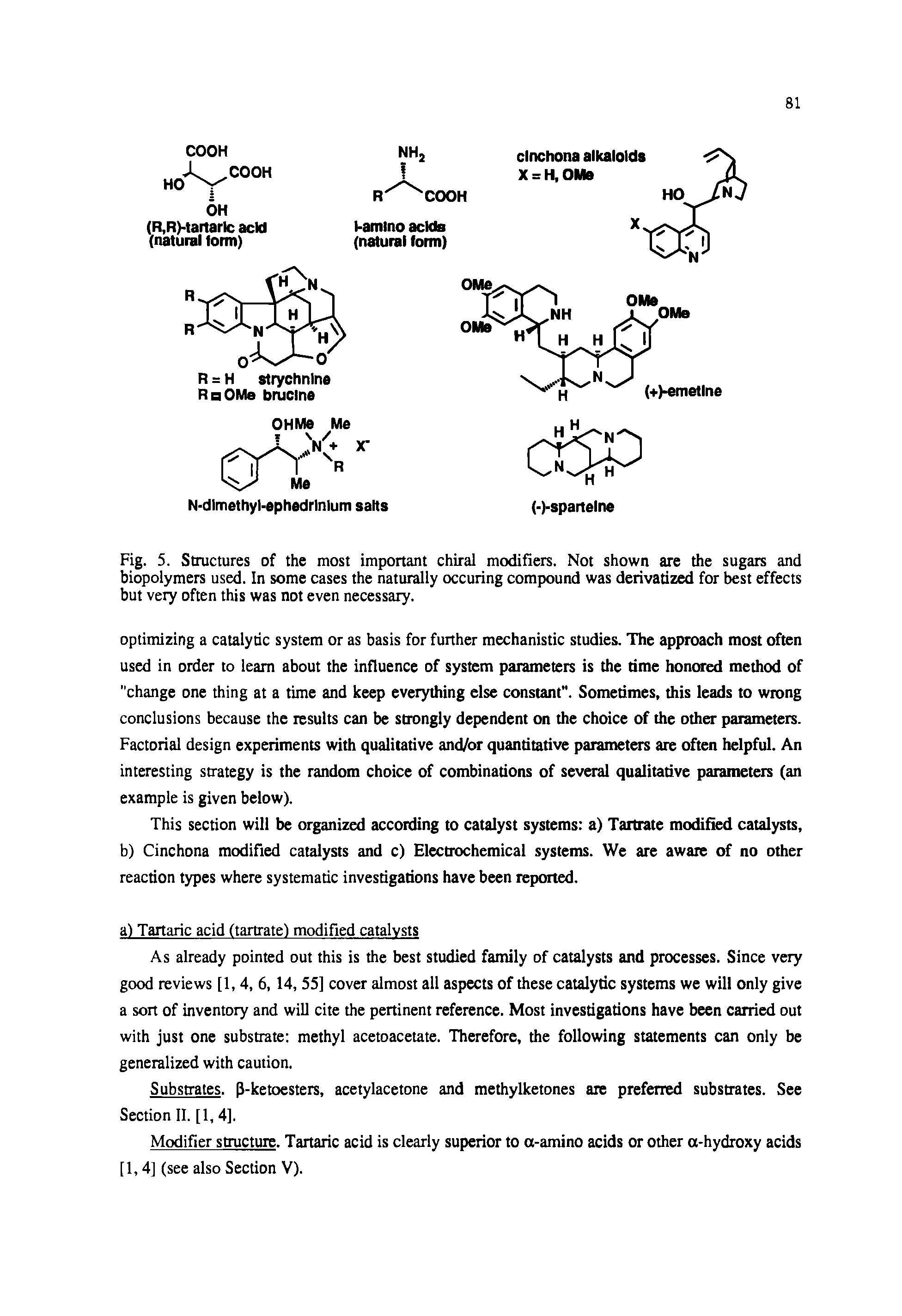 Fig. 5. Structures of the most important chiral modifiers. Not shown are the sugars and biopolymers used. In some cases the naturally occuring compound was derivatized for best effects but very often this was not even necessary.