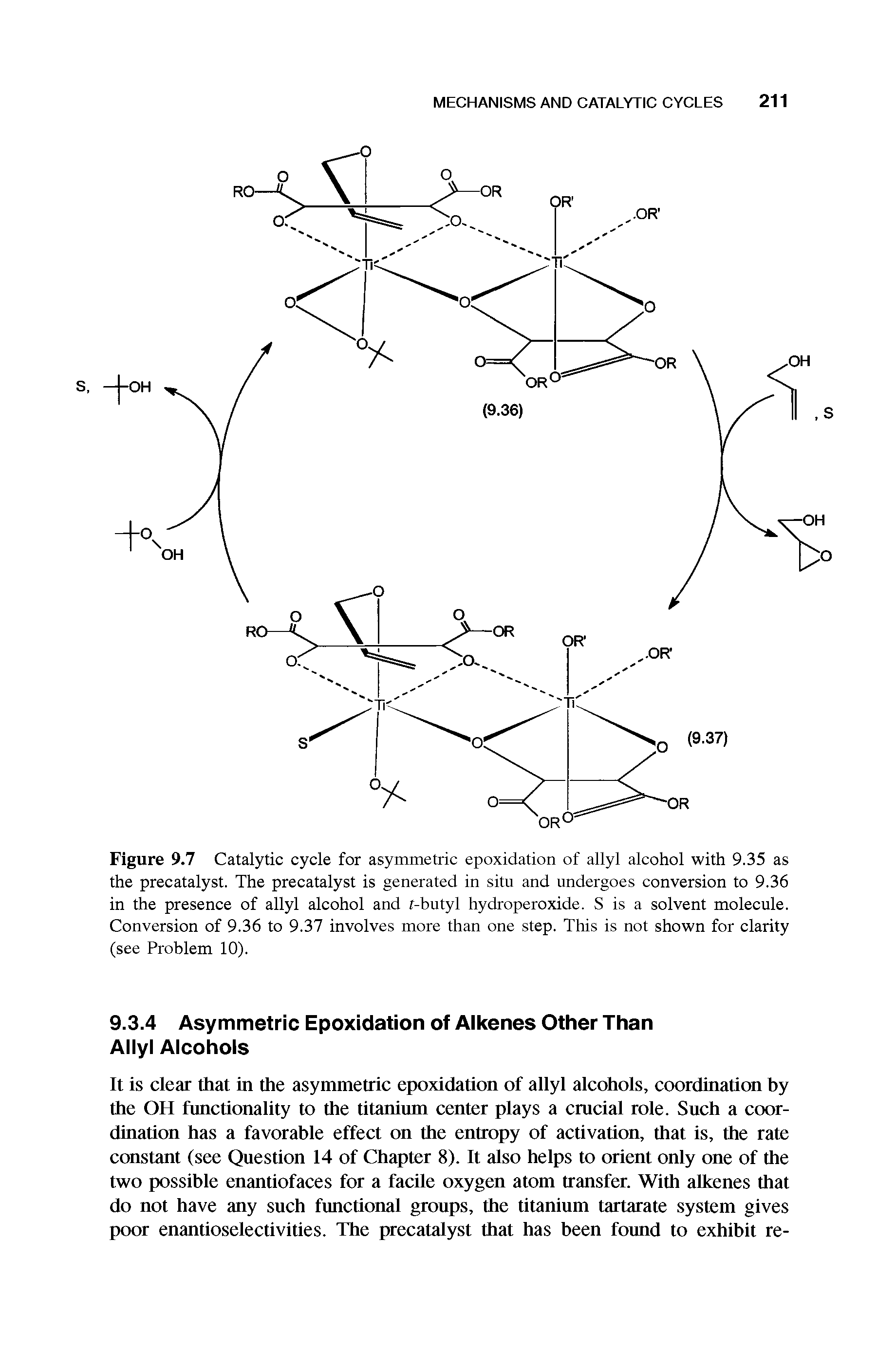 Figure 9.7 Catalytic cycle for asymmetric epoxidation of allyl alcohol with 9.35 as the precatalyst. The precatalyst is generated in situ and undergoes conversion to 9.36 in the presence of allyl alcohol and r-butyl hydroperoxide. S is a solvent molecule. Conversion of 9.36 to 9.37 involves more than one step. This is not shown for clarity (see Problem 10).
