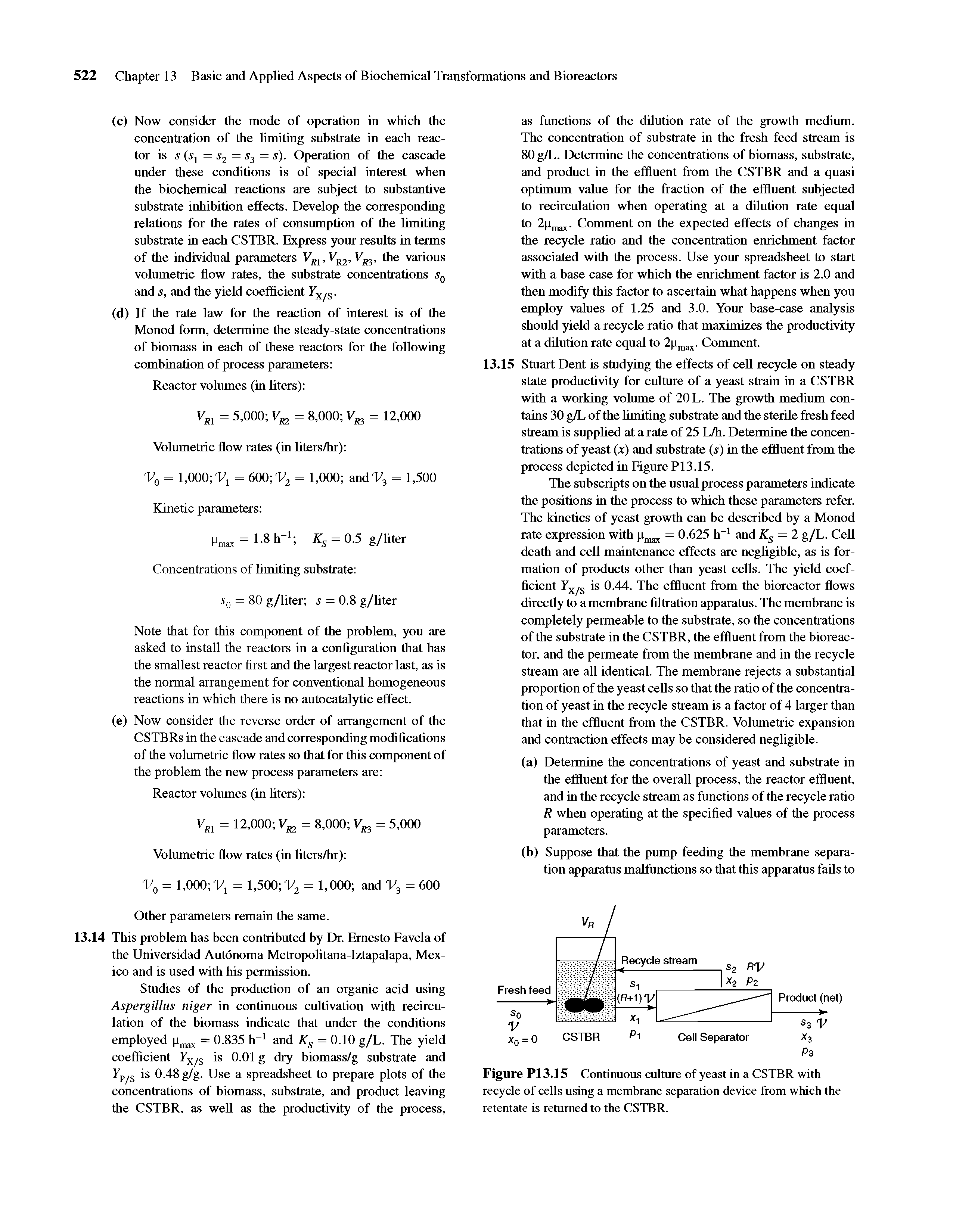 Figure P13.15 Continuous culture of yeast in a CSTBR with recycle of cells using a membrane separation device from which the retentate is returned to the CSTBR.