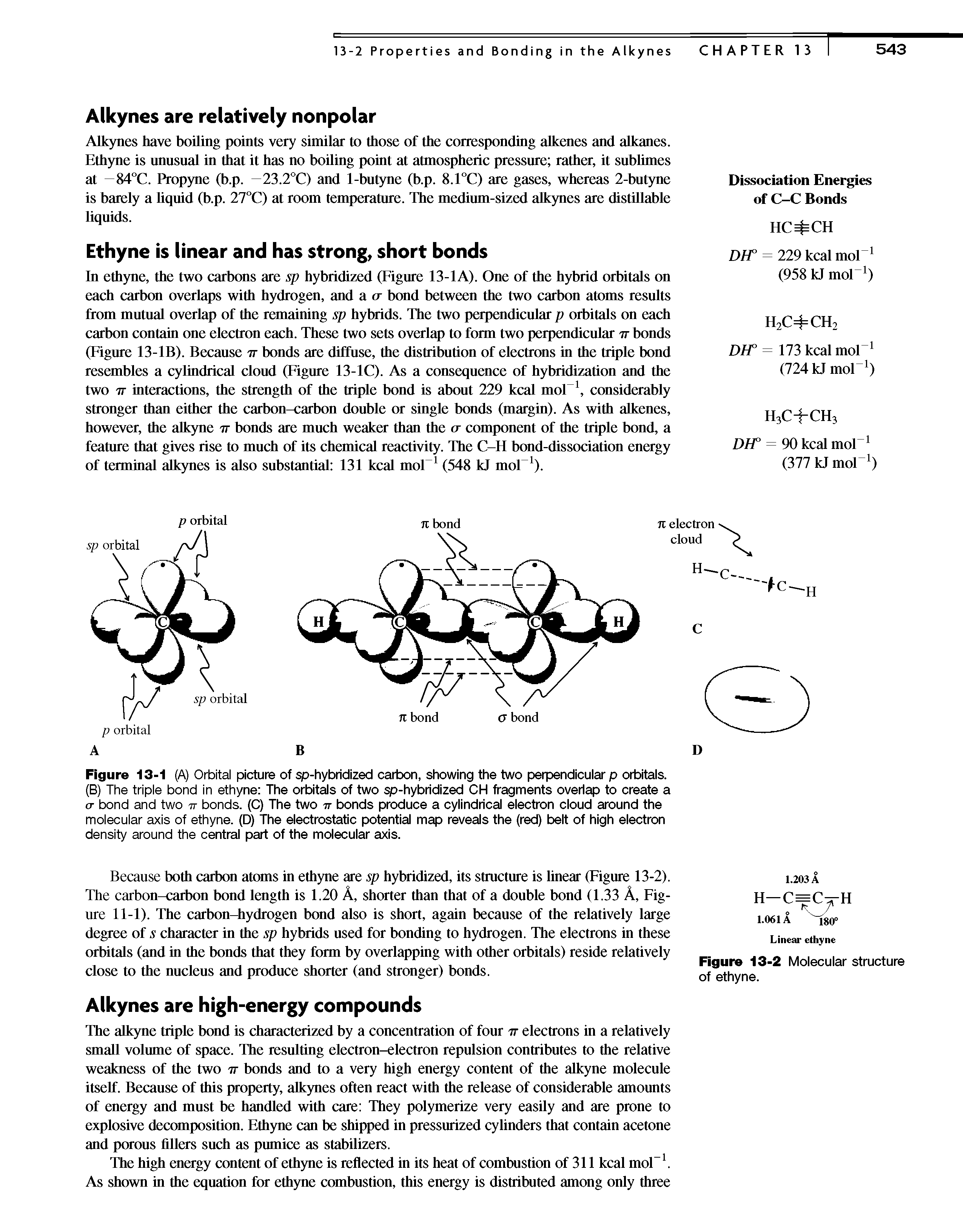 Figure 13-1 (A) Orbital picture of sp-hybridized carbon, showing the two perpendicular p orbitals. (B) The triple bond in ethyne The orbit s of two sp-hybridized CH fragments overiap to create a (T bond and two tt bonds. (C) The two tt bonds produce a cyiindricai eiectron cioud around the molecular axis of ethyne. (D) The electrostatic potential map reveals the (red) belt of high electron density around the central part of the molecular axis.