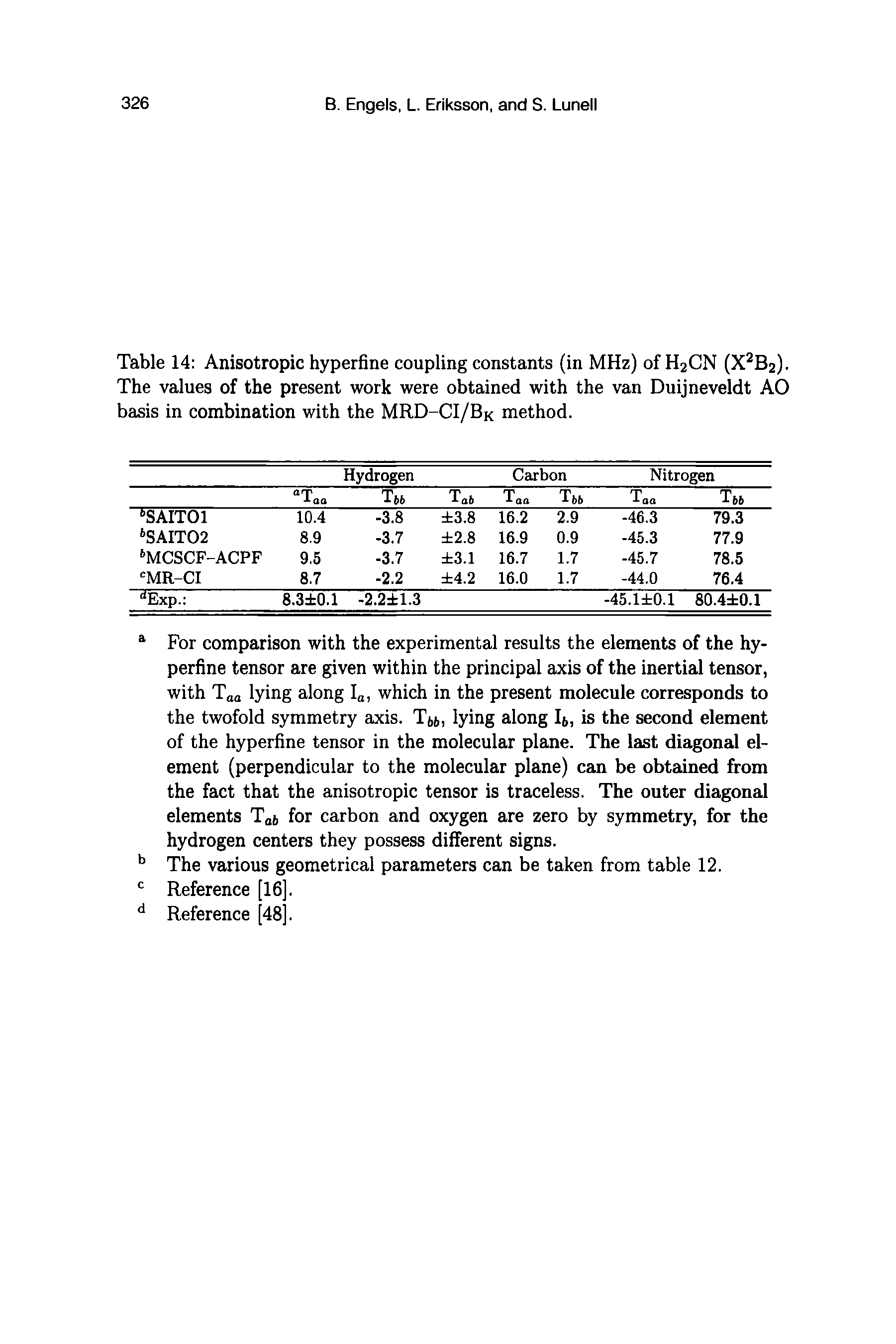 Table 14 Anisotropic hyperfine coupling constants (in MHz) of H2GN (X2B2). The values of the present work were obtained with the van Duijneveldt AO basis in combination with the MRD-CI/BK method.