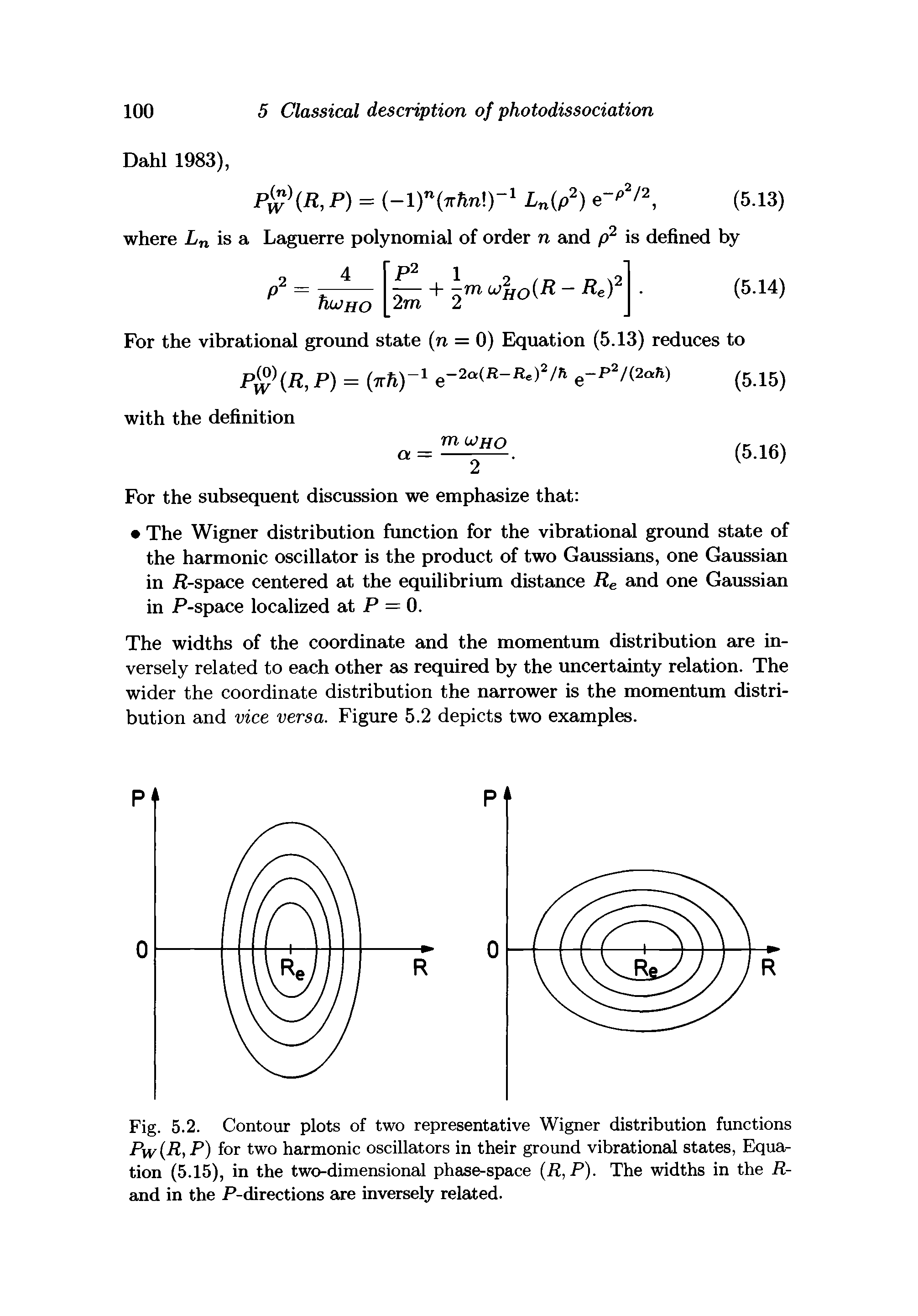 Fig. 5.2. Contour plots of two representative Wigner distribution functions PW(R,P) for two harmonic oscillators in their ground vibrational states, Equation (5.15), in the two-dimensional phase-space (R,P). The widths in the R-and in the P-directions are inversely related.