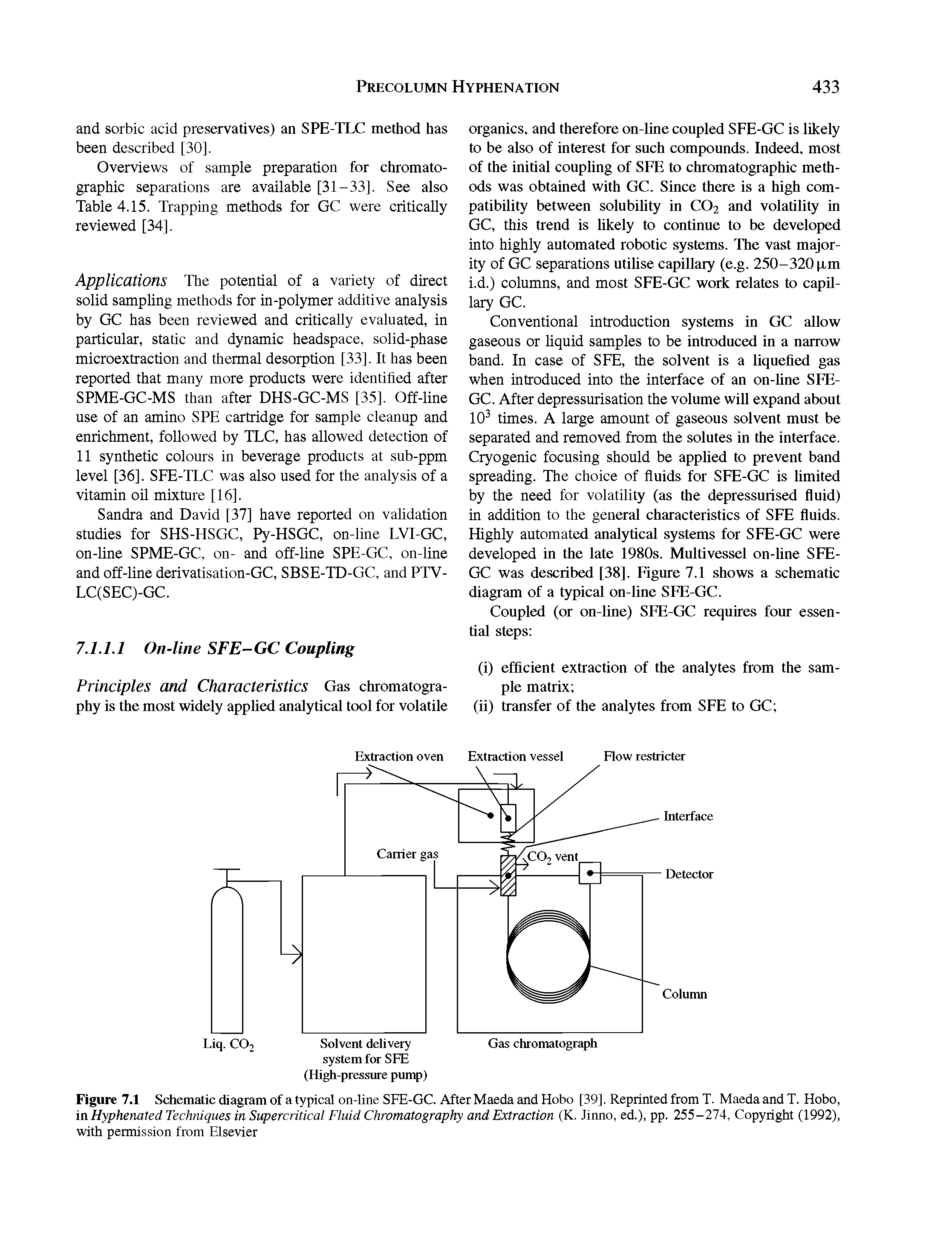 Figure 7.1 Schematic diagram of atypical on-line SFE-GC. After Maeda and Hobo [39]. Reprinted from T. MaedaandT. Hobo, in Hyphenated Techniques in Supercritical Fluid Chromatography and Extraction (K. Jinno, ed.), pp. 255 - 274, Copyright (1992), with permission from Elsevier...