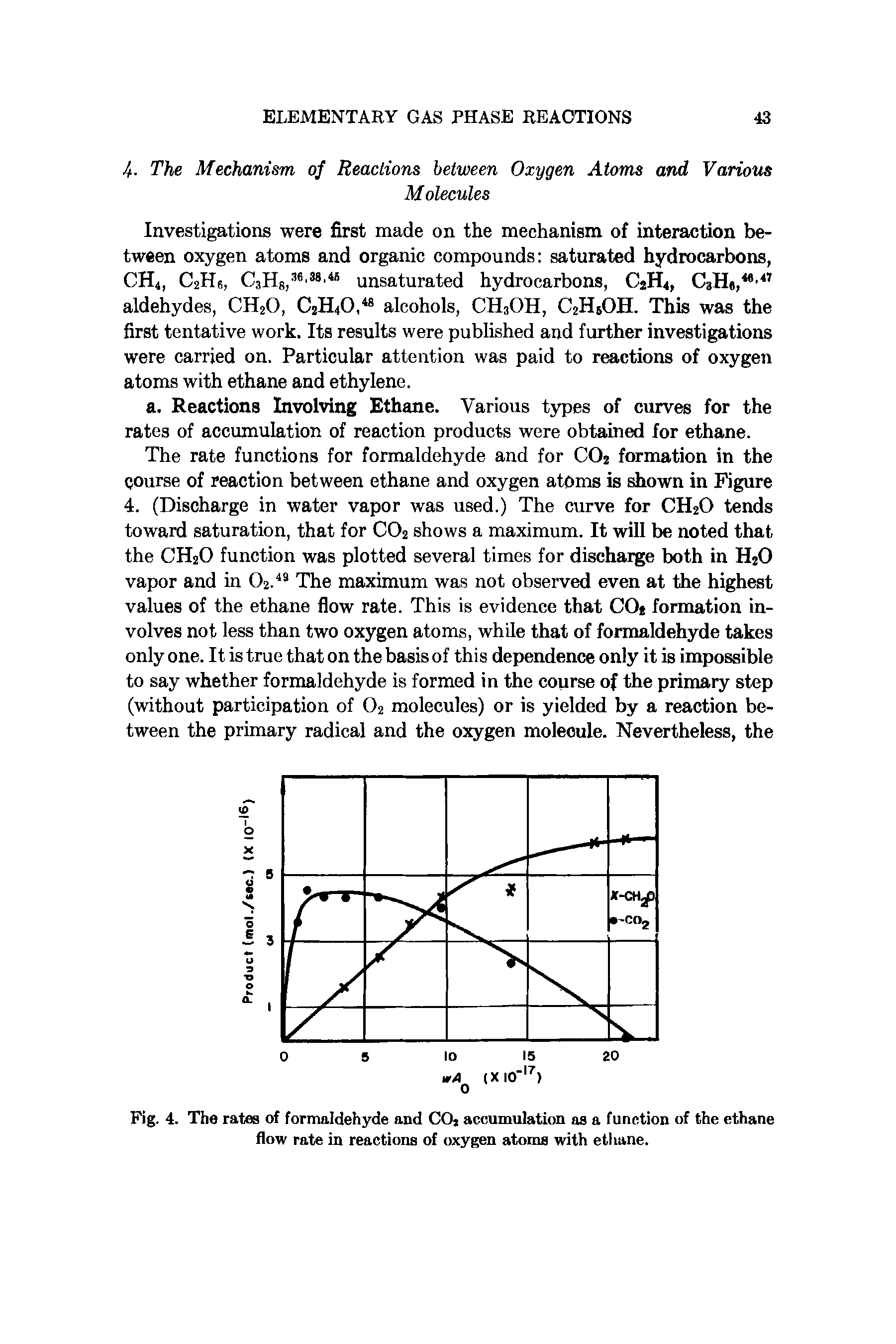 Fig. 4. The rates of formaldehyde and COt accumulation as a function of the ethane flow rate in reactions of oxygen atoms with etiiane.