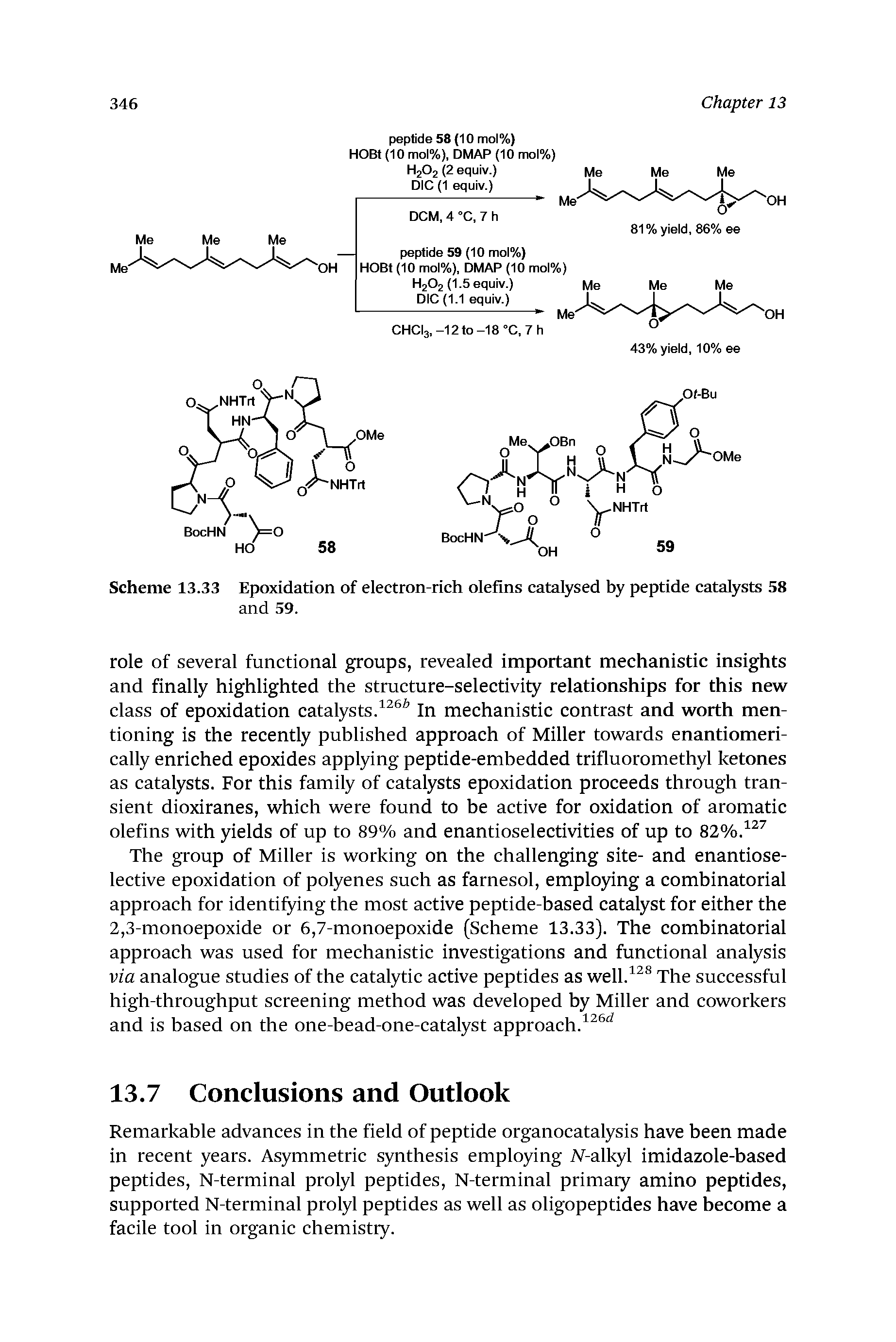 Scheme 13.33 Epoxidation of electron-rich olefins catalysed by peptide catalysts 58 and 59.