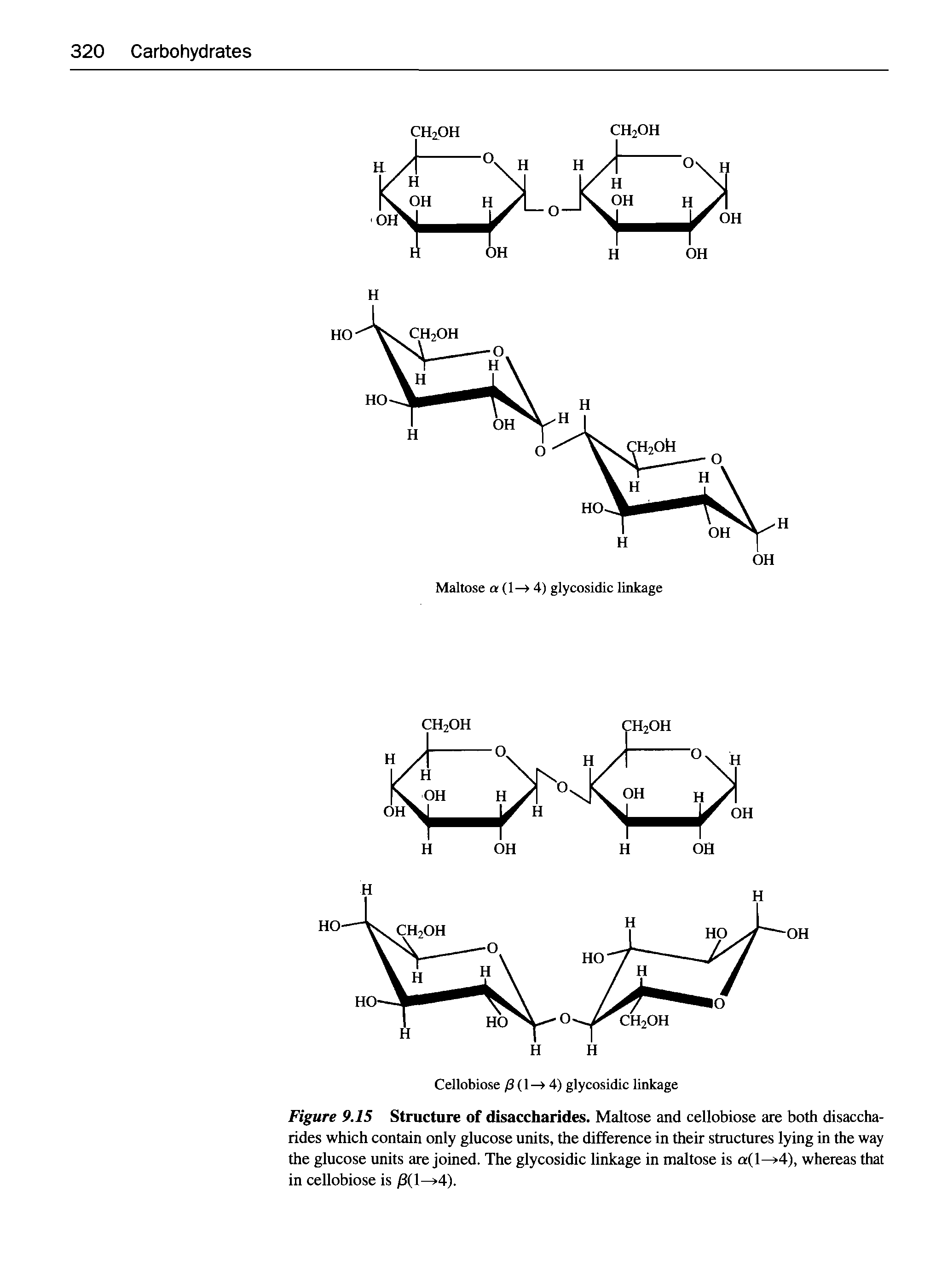 Figure 9.15 Structure of disaccharides. Maltose and cellobiose are both disaccharides which contain only glucose units, the difference in their structures lying in the way the glucose units are joined. The glycosidic linkage in maltose is afl—>4), whereas that in cellobiose is (1—>4).