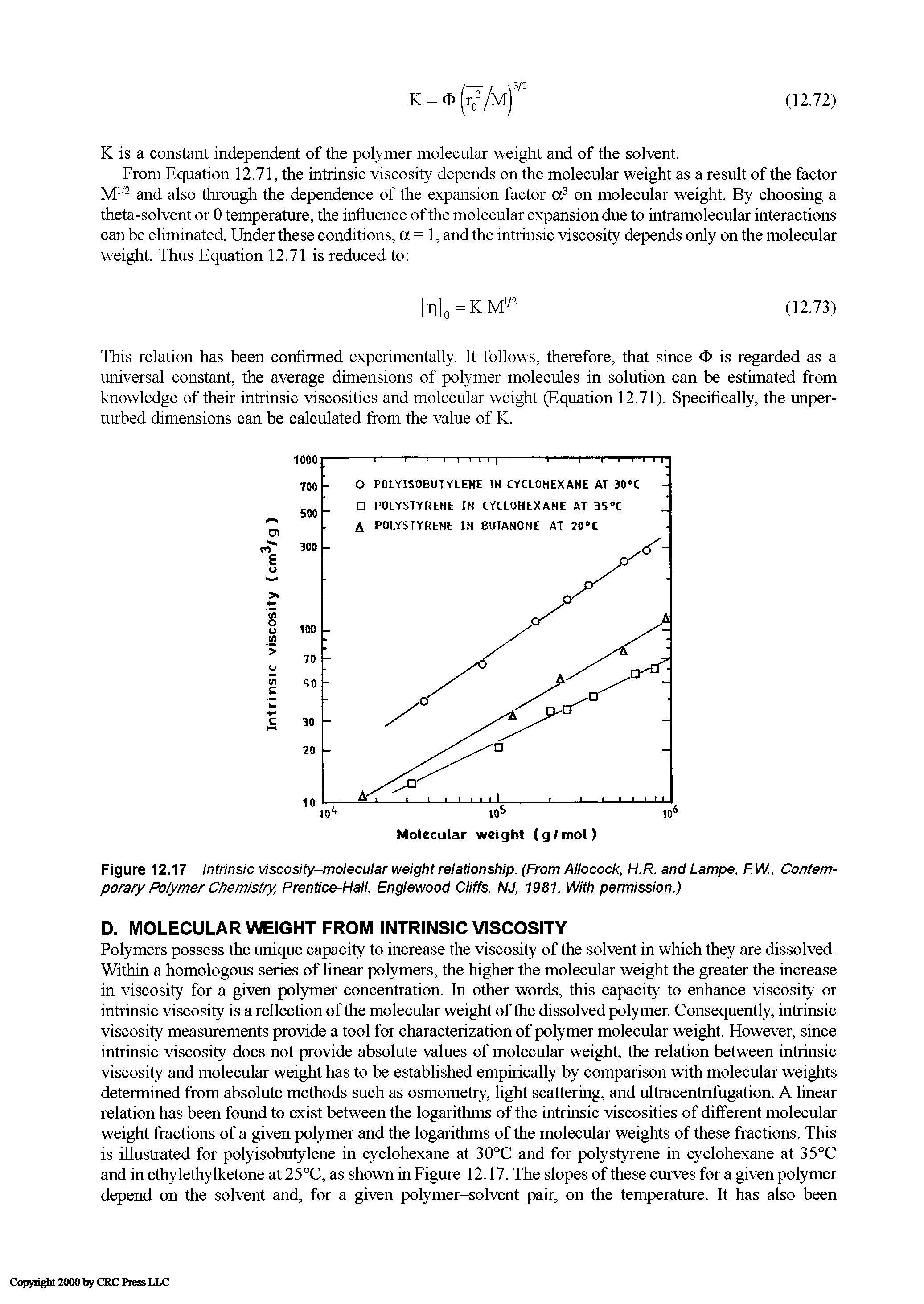 Figure 12.17 Intrinsic viscosity-molecular weight relationship. (From Allocock, H.R. and Lampe, F.W., Contemporary Polymer Chemistry, Prendce-Hall, Englewood Cliffs, NJ, 1981. With permission.)...