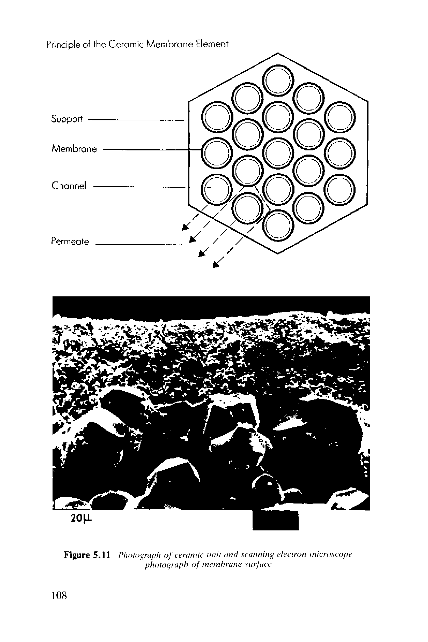 Figure 5.11 Photograph of ceramic unit and scanning electron microscope photograph of membrane surface...
