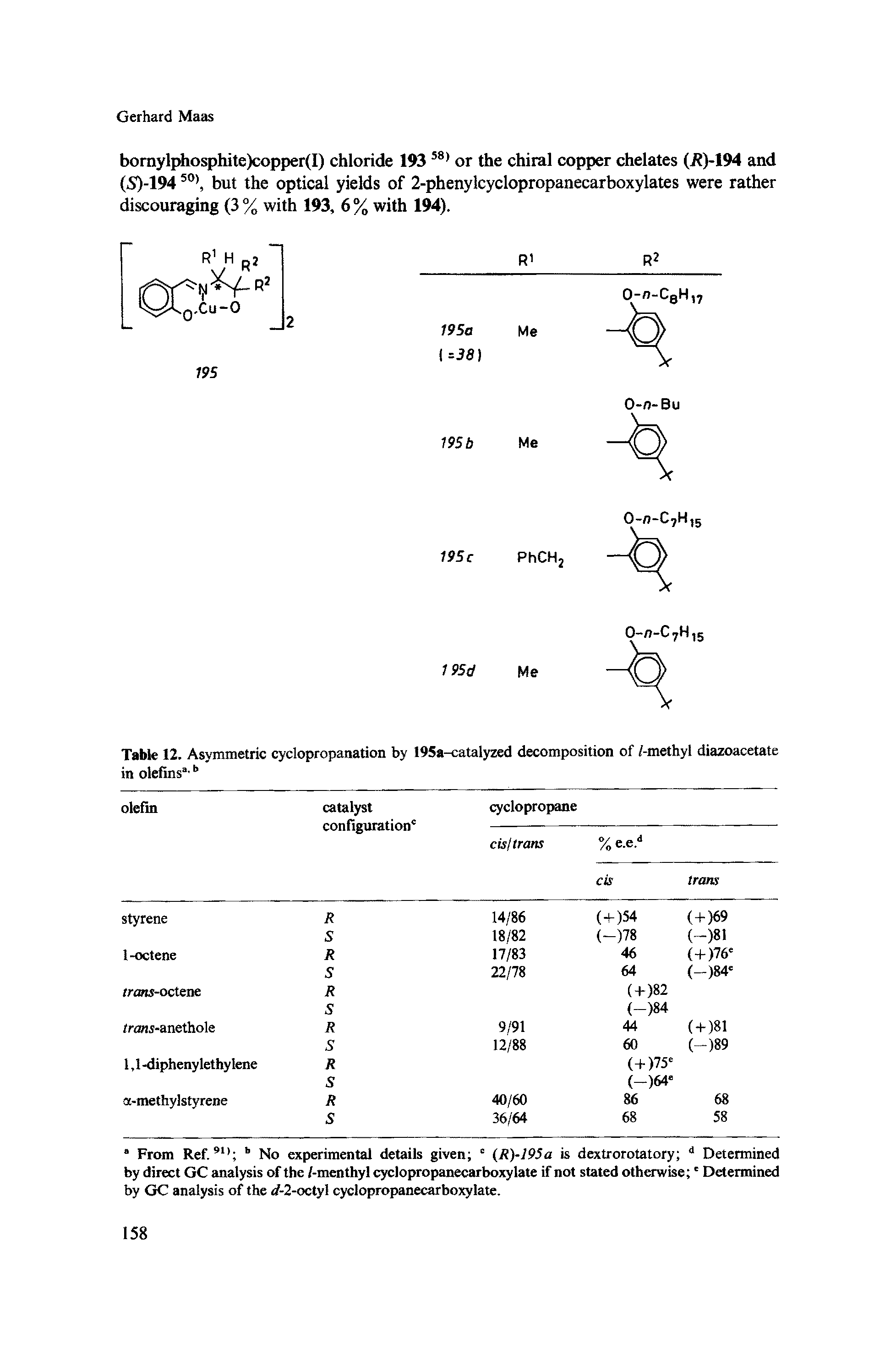 Table 12. Asymmetric cyclopropanation by 19Sa-catalyzed decomposition of /-methyl diazoacetate in olefins - ...