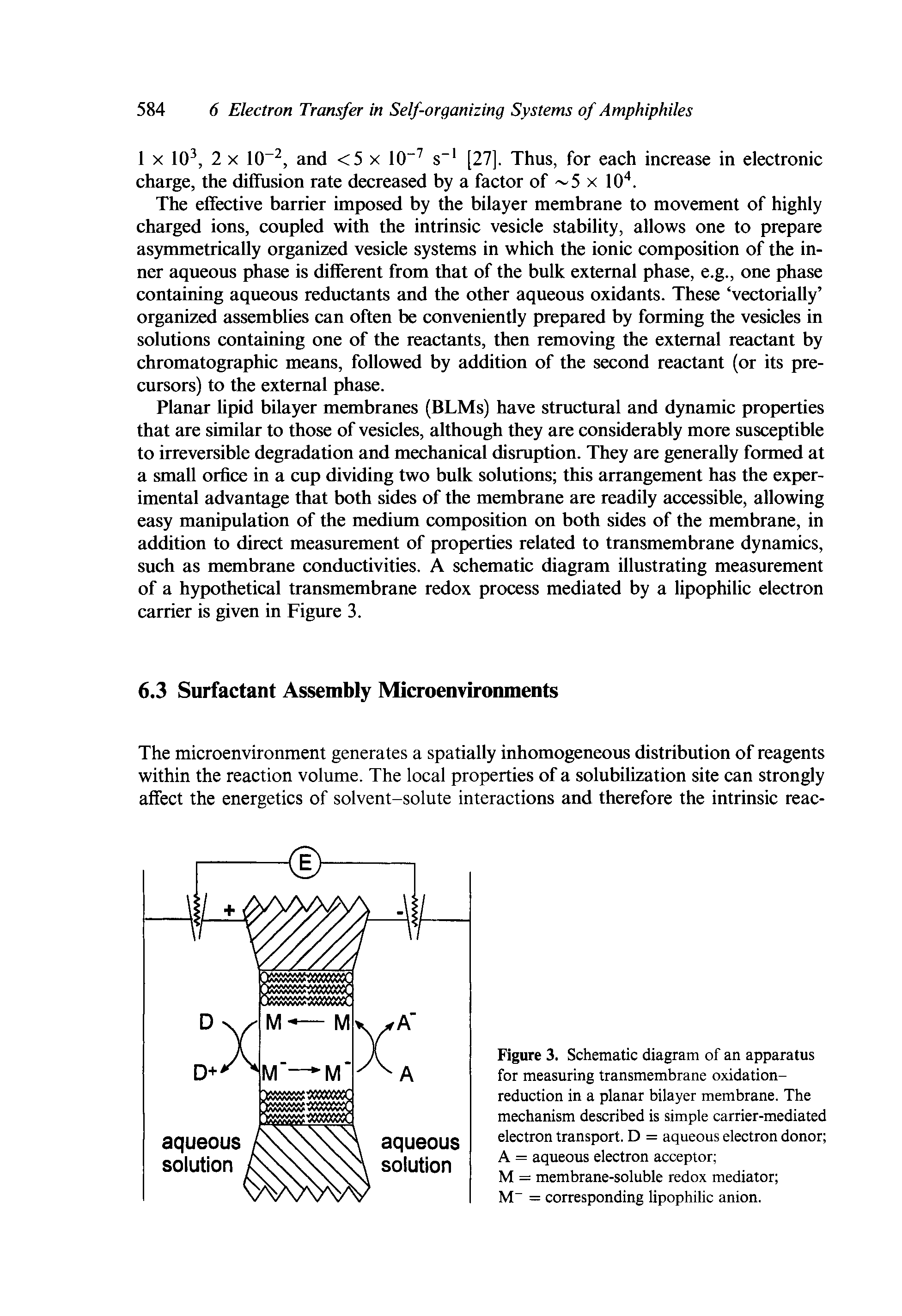 Figure 3. Schematic diagram of an apparatus for measuring transmembrane oxidation-reduction in a planar bilayer membrane. The mechanism described is simple carrier-mediated electron transport. D = aqueous electron donor A = aqueous electron acceptor ...